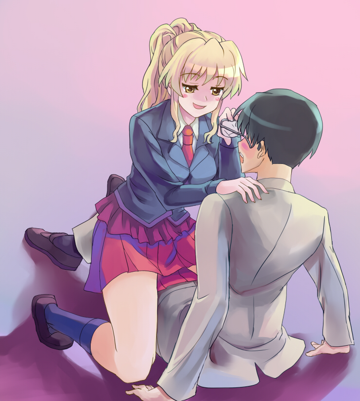 iiru, ushiromiya george, ushiromiya jessica, umineko no naku koro ni, bad id, bad pixiv id, 00s, blonde hair, blush, glasses, school uniform, yellow eyes