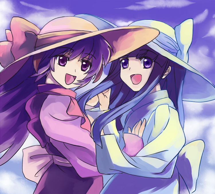 iiru, furude rika, hanyuu, higurashi no naku koro ni, bad id, bad pixiv id, 00s, 2girls, blue hair, bow, hat, holding hands, japanese clothes, long hair, multiple girls, open mouth, purple hair