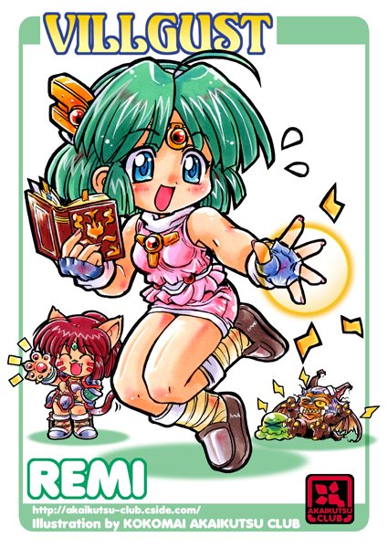 kokomahi, remi (villgust), ryuquir (villgust), kouryuu densetsu villgust, commentary request, 1boy, 2girls, :d, ^ ^, ahoge, animal ears, armor, artist name, blue eyes, blue gloves, book, boots, brown shirt, brown shoes, cat ears, cat girl, cat tail, character name, chibi, circle name, circlet, claws, closed eyes, colored sclera, copyright name, defeat, demon wings, fang, faulds, fingerless gloves, flying sweatdrops, gloves, green hair, hairband, hand on own hip, hand up, holding, holding book, lightning bolt symbol, loafers, magic, medium hair, miniskirt, monster, multiple girls, notice lines, one eye closed, open book, open mouth, pawpads, pink shirt, pink skirt, ponytail, red eyes, red hair, shirt, shoes, short hair, shoulder armor, skirt, sleeveless, sleeveless shirt, slime (creature), smile, socks, standing, tail, thighs, watermark, web address, white hairband, wings, yellow sclera, yellow socks