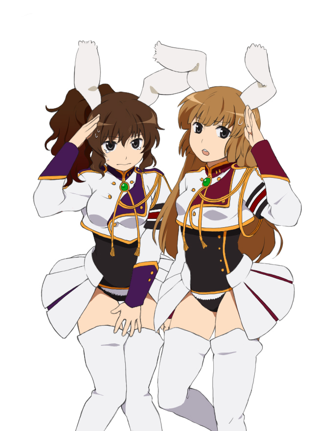 yuuya (musaishoku), chiester45, chiester556, chiester sisters, ushiromiya natsuhi, ushiromiya rosa, umineko no naku koro ni, uniform, bad id, bad pixiv id, 2girls, animal ears, blush, chiester45 (cosplay), chiester556 (cosplay), chiester sisters (cosplay), cosplay, hime cut, multiple girls, rabbit ears, showgirl skirt, thighhighs