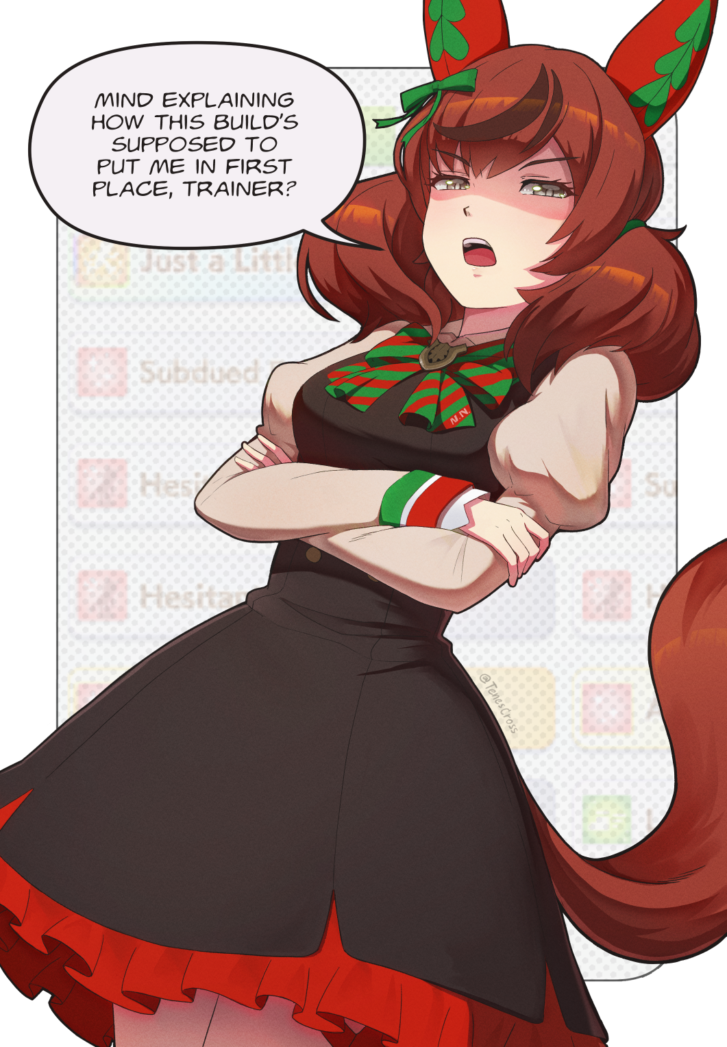 tenescross, nice nature (poinsettia ribbon) (umamusume), nice nature (umamusume), umamusume, highres, 1girl, animal ears, bdsm, black dress, blush, bow, bowtie, breasts, brown eyes, brown hair, crossed arms, diagonal-striped bow, dress, ear bow, ear covers, ear ornament, ear ribbon, english text, femdom, gameplay mechanics, green bow, green bowtie, horse ears, horse girl, horse tail, juliet sleeves, long sleeves, looking at viewer, medium hair, multicolored hair, open mouth, puffy sleeves, sadism, solo, speech bubble, streaked hair, striped bow, striped bowtie, striped clothes, tail, teeth, twintails