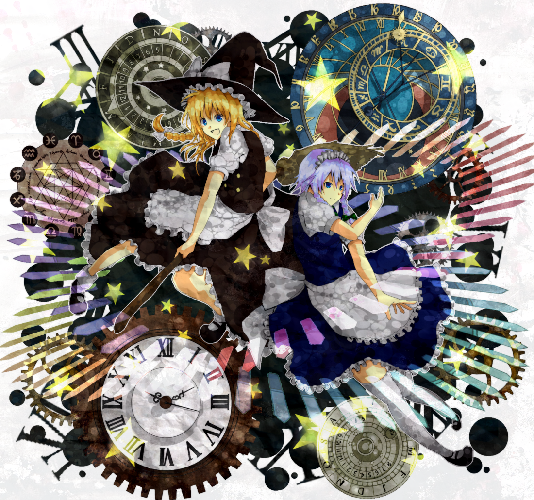 vitaminlemon, izayoi sakuya, kirisame marisa, touhou, bad id, bad pixiv id, 2girls, blonde hair, blue eyes, blue hair, bow, braid, broom, clock, colorful, female focus, gears, hat, maid, multiple girls, purple hair, short hair, star (symbol), witch, witch hat