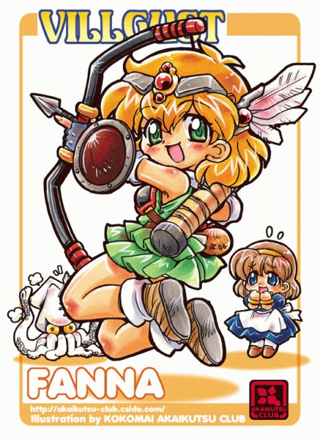 kokomahi, fanna (villgust), kouryuu densetsu villgust, commentary request, 2girls, angry, apron, armor, arrow (projectile), artist name, back bow, blue dress, blue eyes, boots, bow, bow (weapon), bracelet, brown boots, brown hair, character name, chibi, circle name, circlet, colored sclera, copyright name, drawing bow, dress, feather hair ornament, feathers, flying sweatdrops, green dress, green eyes, hair ornament, hairband, hands up, holding, holding bow (weapon), holding weapon, jewelry, looking at another, looking at viewer, medium hair, monster, multiple girls, open mouth, quiver, red eyes, short dress, sleeveless, sleeveless dress, squid, standing, thighhighs, waist apron, watermark, weapon, web address, white apron, white bow, white thighhighs, yellow hairband, yellow sclera, zenogad's daughter