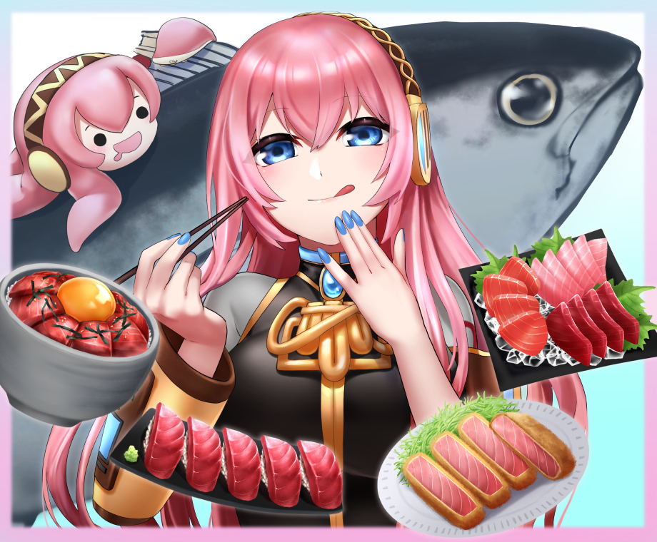 monoton (neoteto), megurine luka, takoluka, vocaloid, 2girls, blue nails, chibi, chopsticks, food, hands up, licking lips, maguro (drama), multiple girls, pink hair, sushi, tongue, tongue out, tuna, upper body