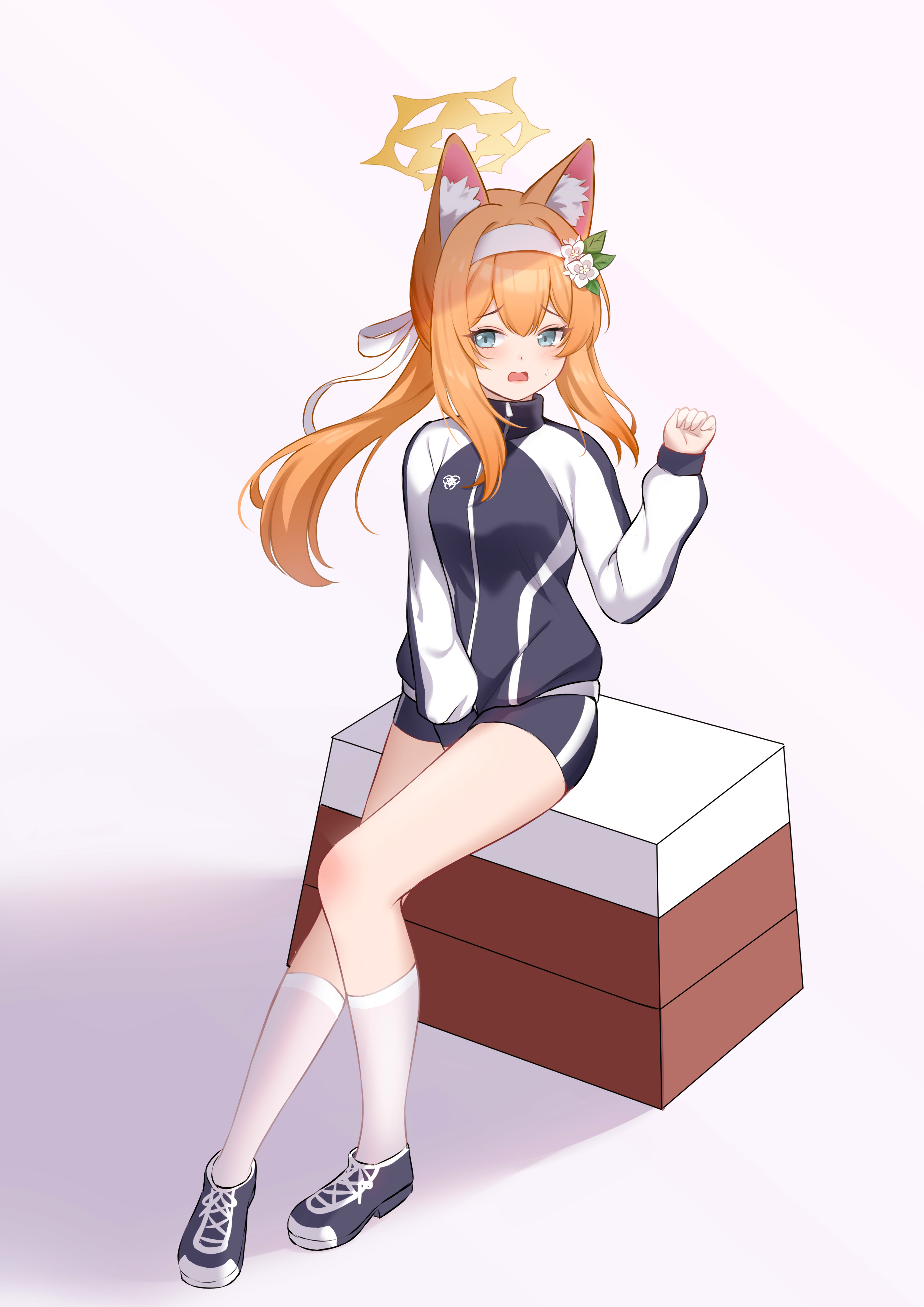 daoyan, mari (blue archive), mari (track) (blue archive), blue archive, absurdres, chinese commentary, commentary, highres, 1girl, animal ear fluff, animal ears, between legs, black shoes, black shorts, blue eyes, blush, cat ears, cat girl, clenched hand, cross-laced shoes, eyelashes, floating hair, flower, full body, furrowed brow, gym shorts, gym uniform, hair between eyes, hair flower, hair ornament, hair ribbon, hairband, halo, hand between legs, hand up, jacket, kneehighs, leaf hair ornament, long hair, looking at viewer, low ponytail, official alternate costume, official alternate hairstyle, open mouth, ponytail, ribbon, shoes, shorts, sidelocks, simple background, sitting, sleeves past wrists, sneakers, socks, solo, sweatdrop, track jacket, trinity general school logo, tsurime, wavy mouth, white background, white flower, white hairband, white ribbon, white socks, yellow halo