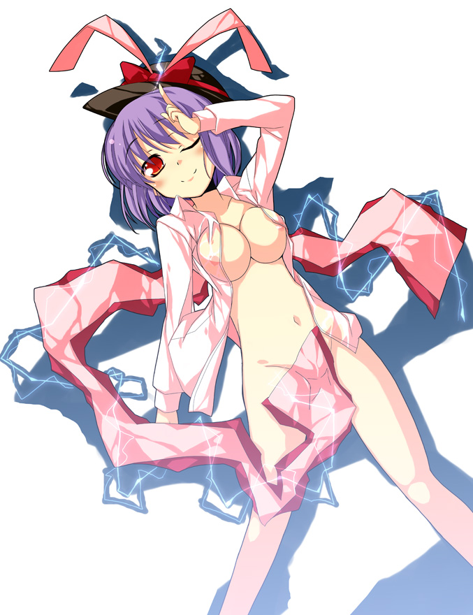 nu (plastic eraser), nagae iku, touhou, 1girl, bottomless, breasts, electricity, female focus, hat, large breasts, nipples, open clothes, open shirt, ribbon, scarf, see-through clothes, shirt, solo