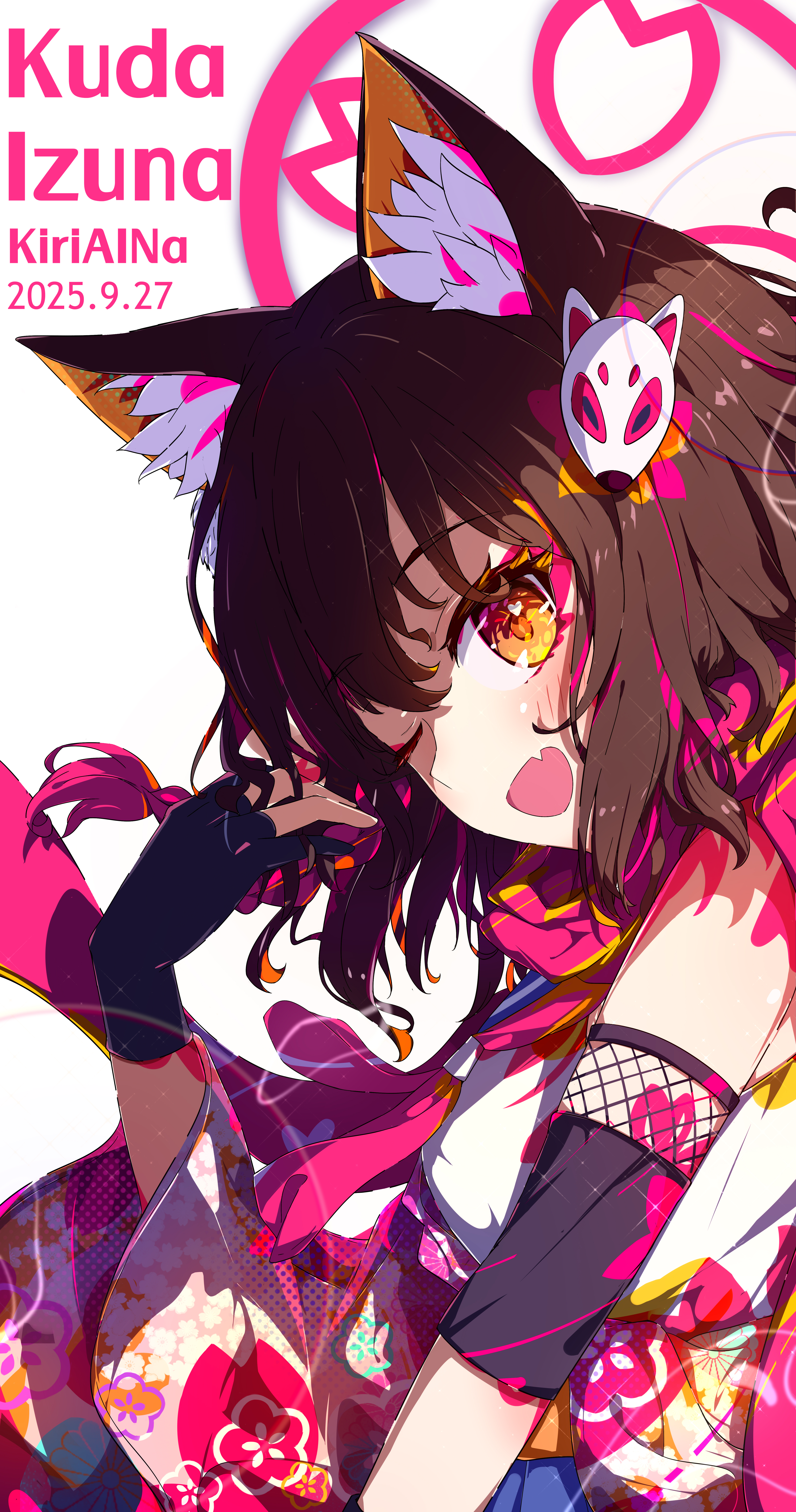 kiriaina, izuna (blue archive), blue archive, absurdres, highres, 1girl, ;d, animal ear fluff, animal ears, black gloves, blush, brown hair, eyeshadow, fang, fox ears, fox girl, gloves, hair between eyes, hair ornament, halo, looking at viewer, makeup, medium hair, one eye closed, open mouth, partially fingerless gloves, pink eyeshadow, pink halo, pink scarf, scarf, school uniform, simple background, skin fang, smile, solo, white background, yellow eyes