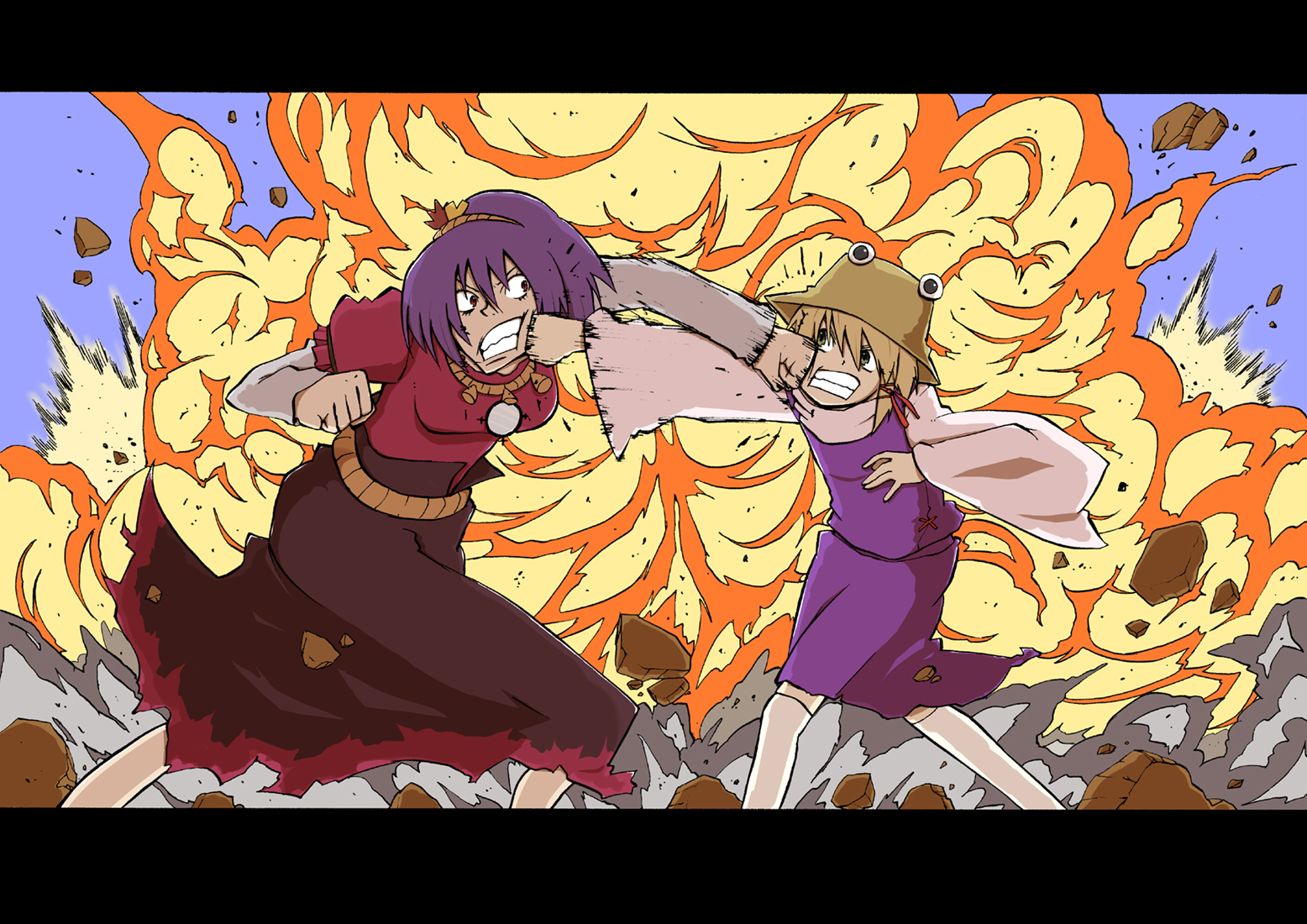 karu (ishiken), moriya suwako, yasaka kanako, tengen toppa gurren lagann, touhou, nib pen (medium), pen (medium), traditional media, 2girls, battle, blonde hair, clenched hands, crosscounter, explosion, female focus, hat, letterboxed, mirror, multiple girls, parody, punching, purple hair, rope, thighhighs