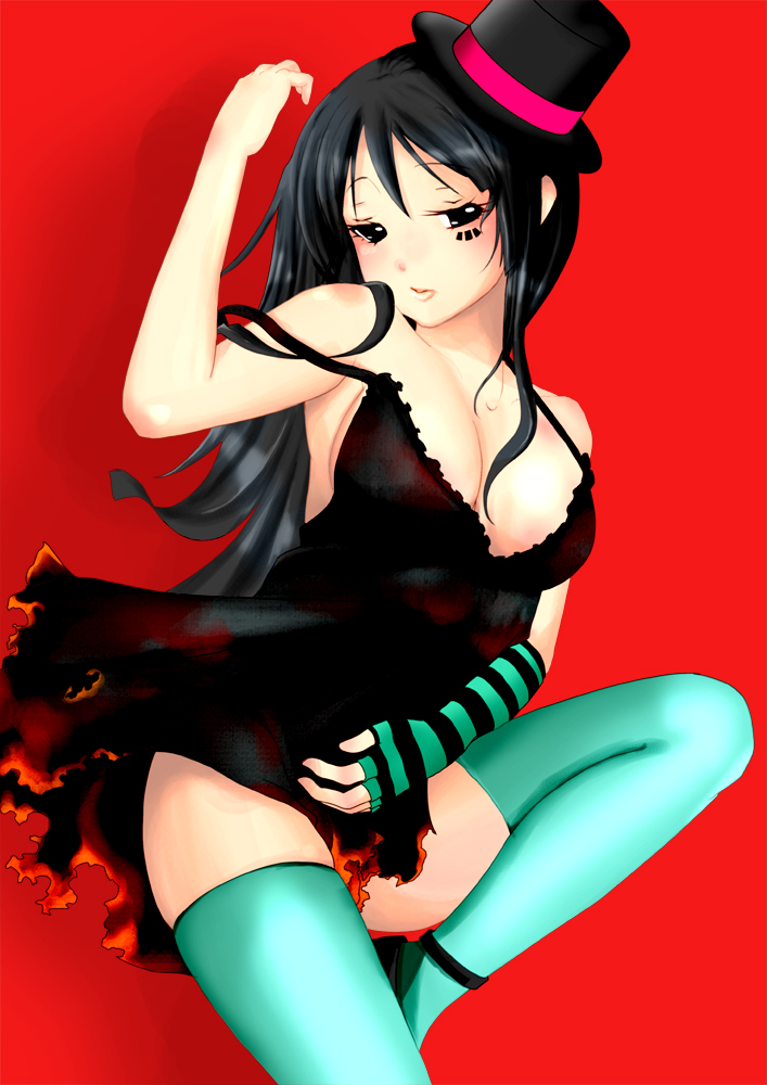yasuda oukan, akiyama mio, don't say "lazy", k-on!, bad id, bad pixiv id, 00s, 1girl, black eyes, black hair, breasts, cleavage, dress, facepaint, female focus, hat, large breasts, long hair, mini hat, mini top hat, solo, strap slip, thighhighs, top hat