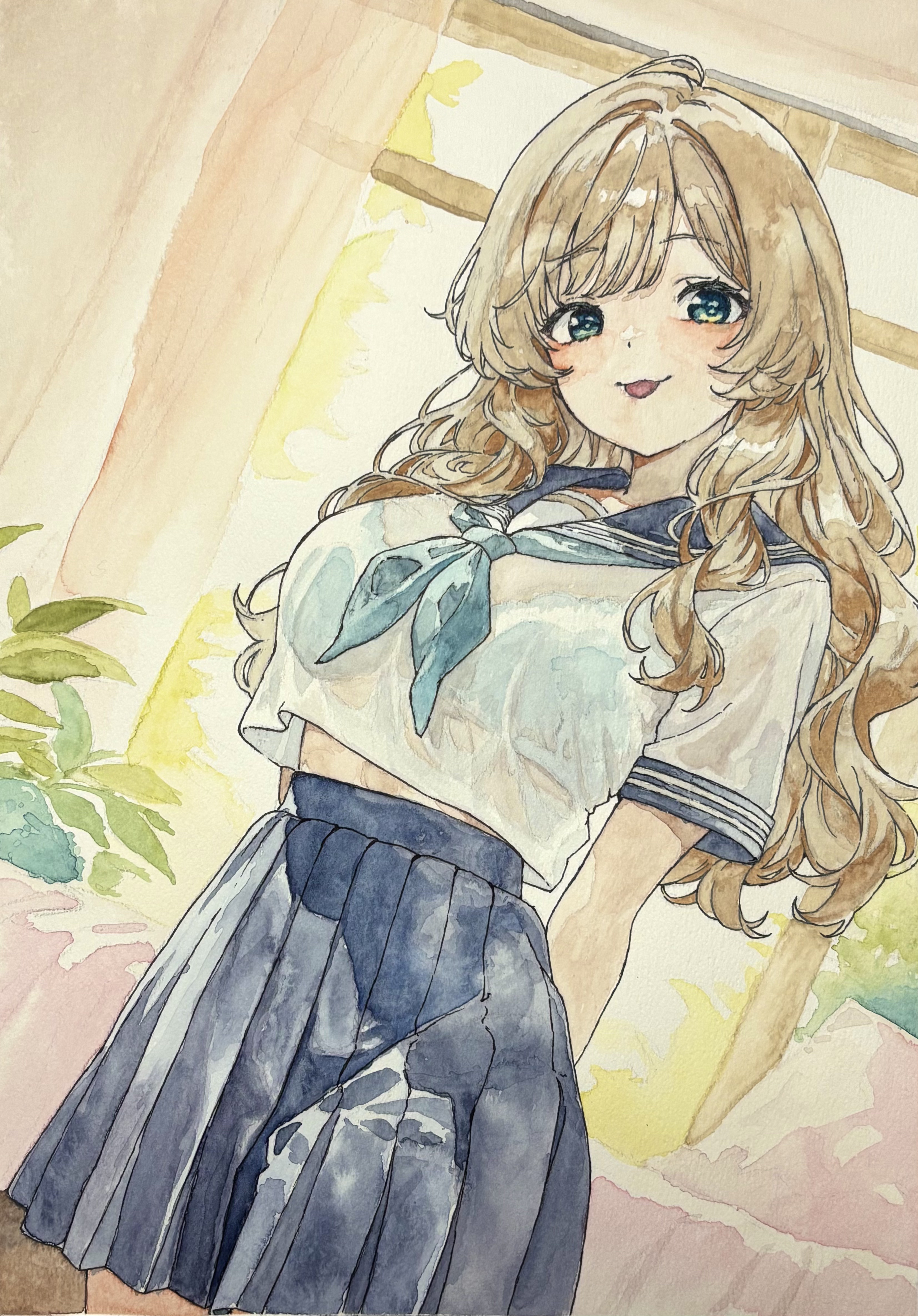 lensia, original, absurdres, commentary request, highres, painting (medium), traditional media, watercolor (medium), 1girl, :p, blue bra, blue neckerchief, blue sailor collar, blue skirt, bra, bra visible through clothes, breasts, brown hair, closed mouth, cowboy shot, green eyes, large breasts, long hair, looking at viewer, neckerchief, pleated skirt, sailor collar, school uniform, serafuku, shirt, short sleeves, skirt, smile, tongue, tongue out, underwear, wet, wet clothes, wet shirt, white shirt