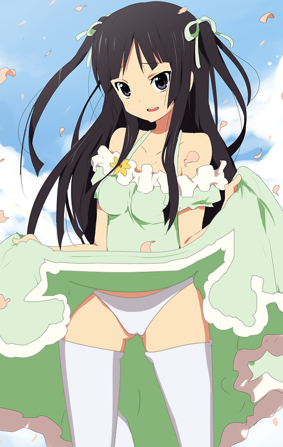 kl (dgzonbi), akiyama mio, k-on!, non-web source, third-party edit, 00s, 1girl, bare shoulders, bow, breasts, clothes lift, dress, dress lift, female focus, outdoors, panties, petals, ribbon, skirt, skirt lift, sky, solo, spaghetti strap, thighhighs, underwear, white panties, white thighhighs