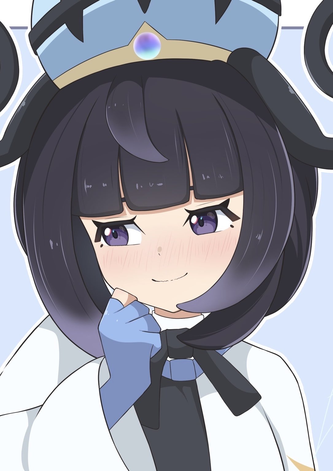 oronamin poke, gwynn (pokemon), nintendo, pokemon, pokemon legends: z-a, highres, 1girl, black dress, black hair, blue gloves, blunt bangs, blush, bob cut, clenched hand, closed mouth, dress, gloves, long sleeves, looking to the side, partially fingerless gloves, purple eyes, short hair, smile, solo, upper body