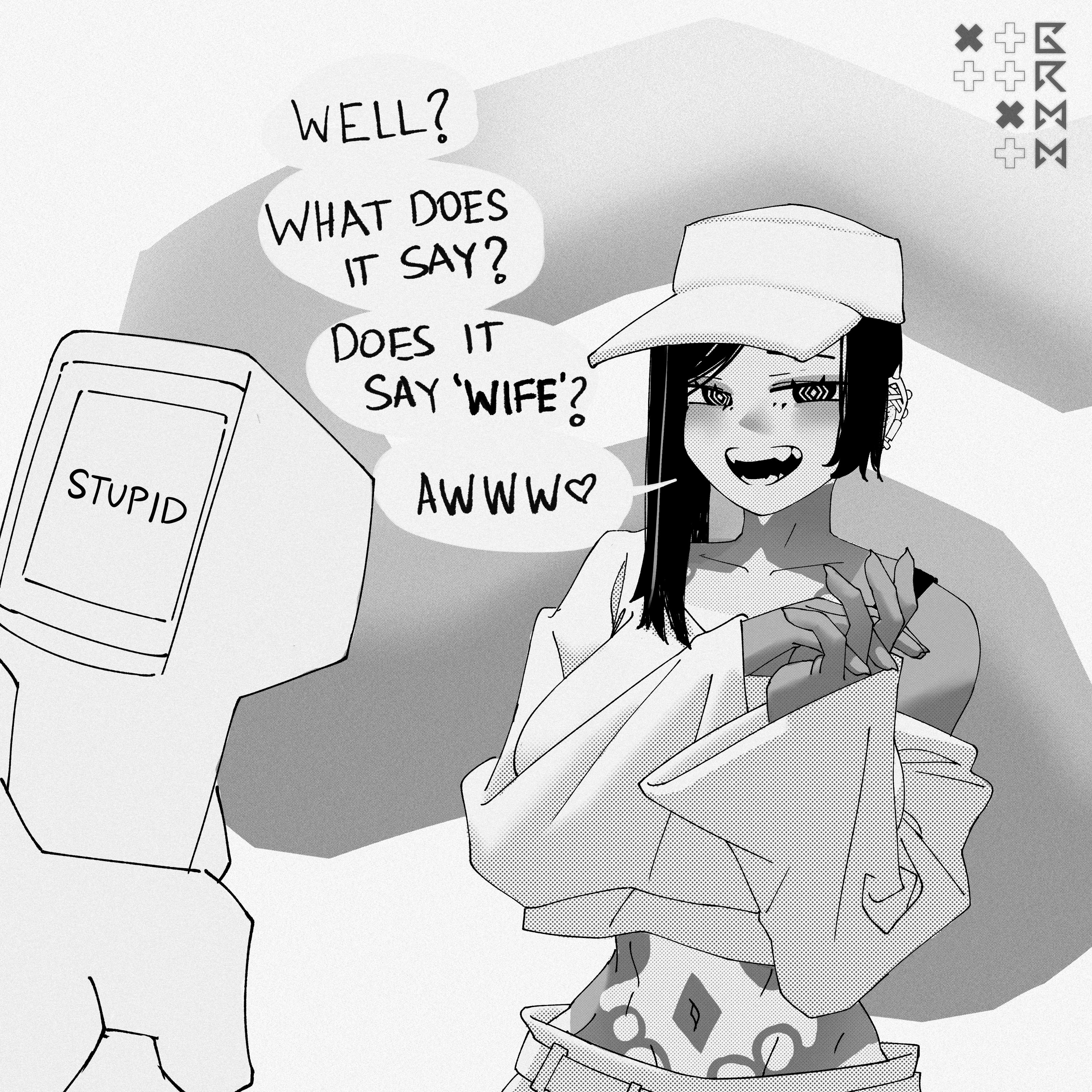 grmm, tili (grmm), original, absurdres, highres, tagme, 1girl, @ @, baseball cap, black hair, breasts, cat detector (meme), disembodied hand, ear piercing, english text, gyaru, hat, holding temperature scanner, infrared thermometer, large breasts, looking at viewer, meme, monochrome, navel, own hands together, piercing, single bang, tan, tanline, temperature scanner