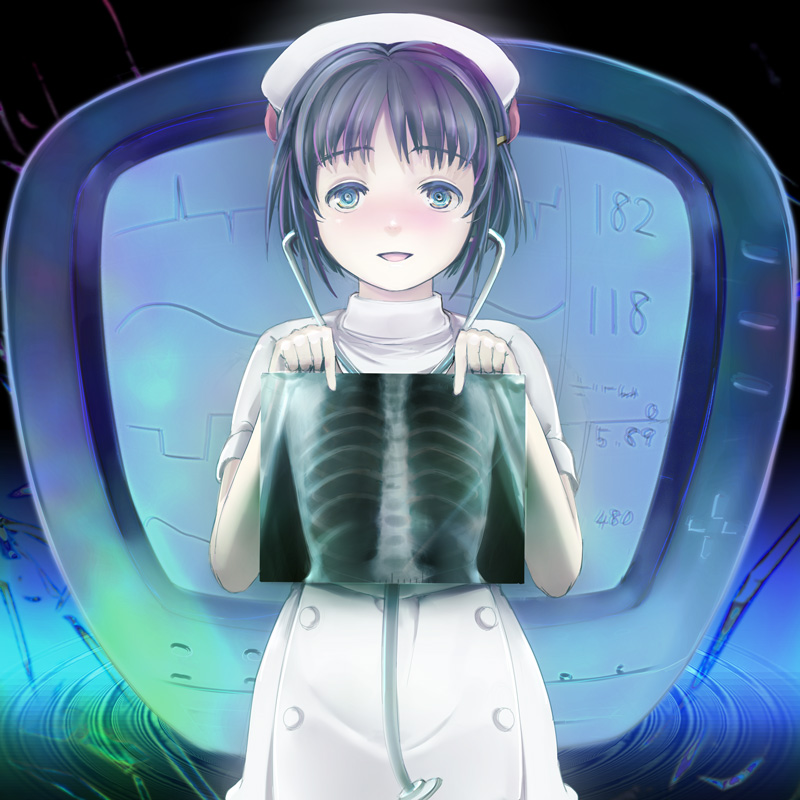 moke, original, bad id, bad pixiv id, 1girl, black hair, blue eyes, blush, cardiogram, female focus, hat, nurse, ringed eyes, short hair, solo, stethoscope, x-ray, x-ray vision