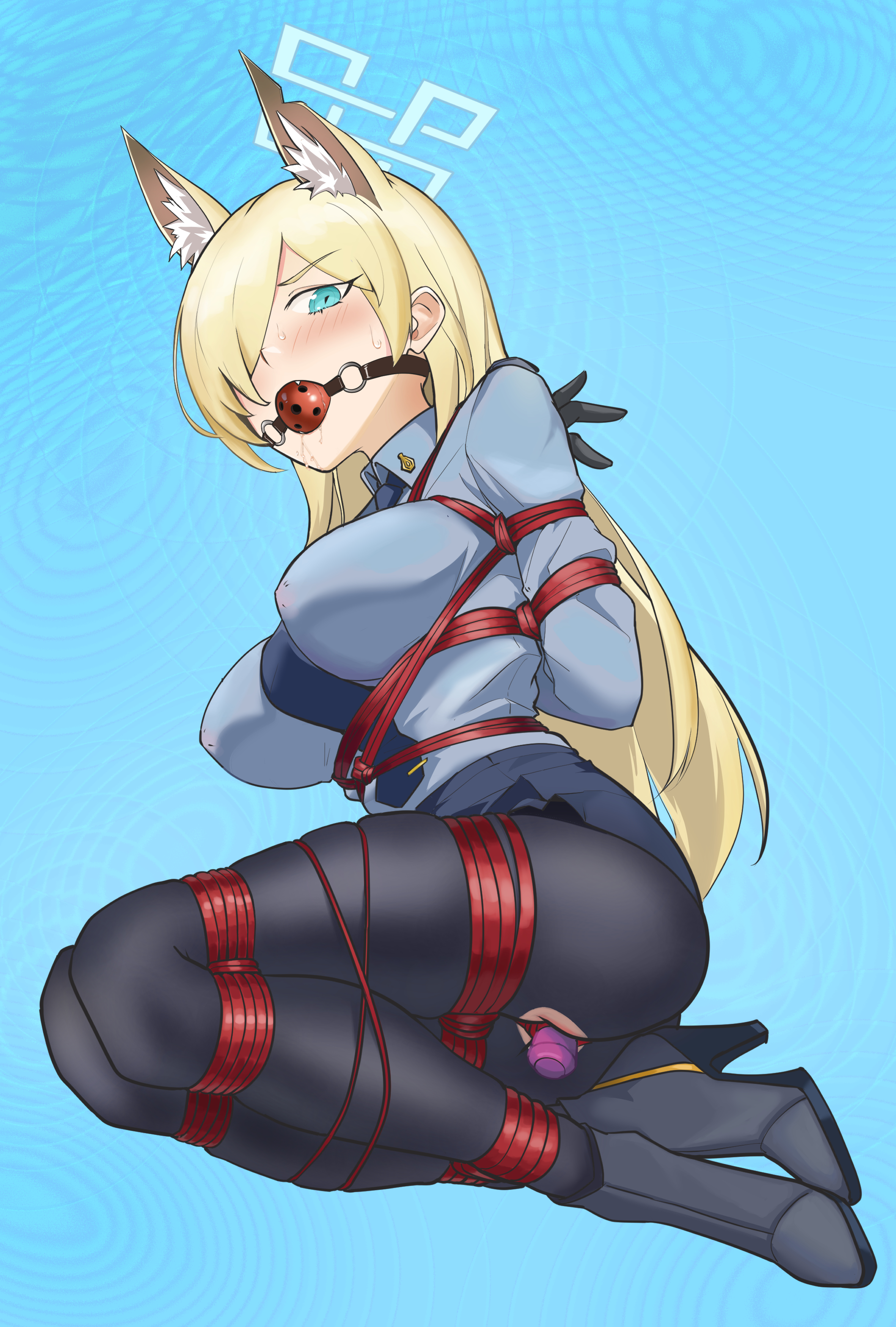 doradofin, kanna (blue archive), blue archive, original, absurdres, highres, 1girl, anal, anal object insertion, animal ear fluff, animal ears, armband, arms behind back, ball gag, bdsm, black pantyhose, blue armband, blue halo, blue necktie, blue shirt, blue skirt, blush, bondage, bound, bound ankles, bound arms, bound legs, bound torso, breast bondage, breasts, butt plug, collared shirt, covered erect nipples, dildo, dog ears, dog girl, extra ears, gag, gagged, gloves, hair over one eye, halo, long hair, long sleeves, medium breasts, necktie, notched ear, object insertion, open mouth, pantyhose, police, police uniform, policewoman, red rope, restrained, rope, sex toy, sharp teeth, shibari, shibari over clothes, shirt, shoes, skirt, teeth, wiffle gag