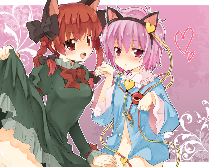 kurot, kaenbyou rin, komeiji satori, touhou, 2girls, animal ears, blush, bottomless, braid, cat ears, cat girl, clothes lift, dress, dress lift, female focus, hair ribbon, hairband, heart, long hair, multiple girls, navel, no panties, open clothes, open shirt, paw pose, purple eyes, purple hair, red eyes, red hair, ribbon, shirt, short hair, twin braids, twintails