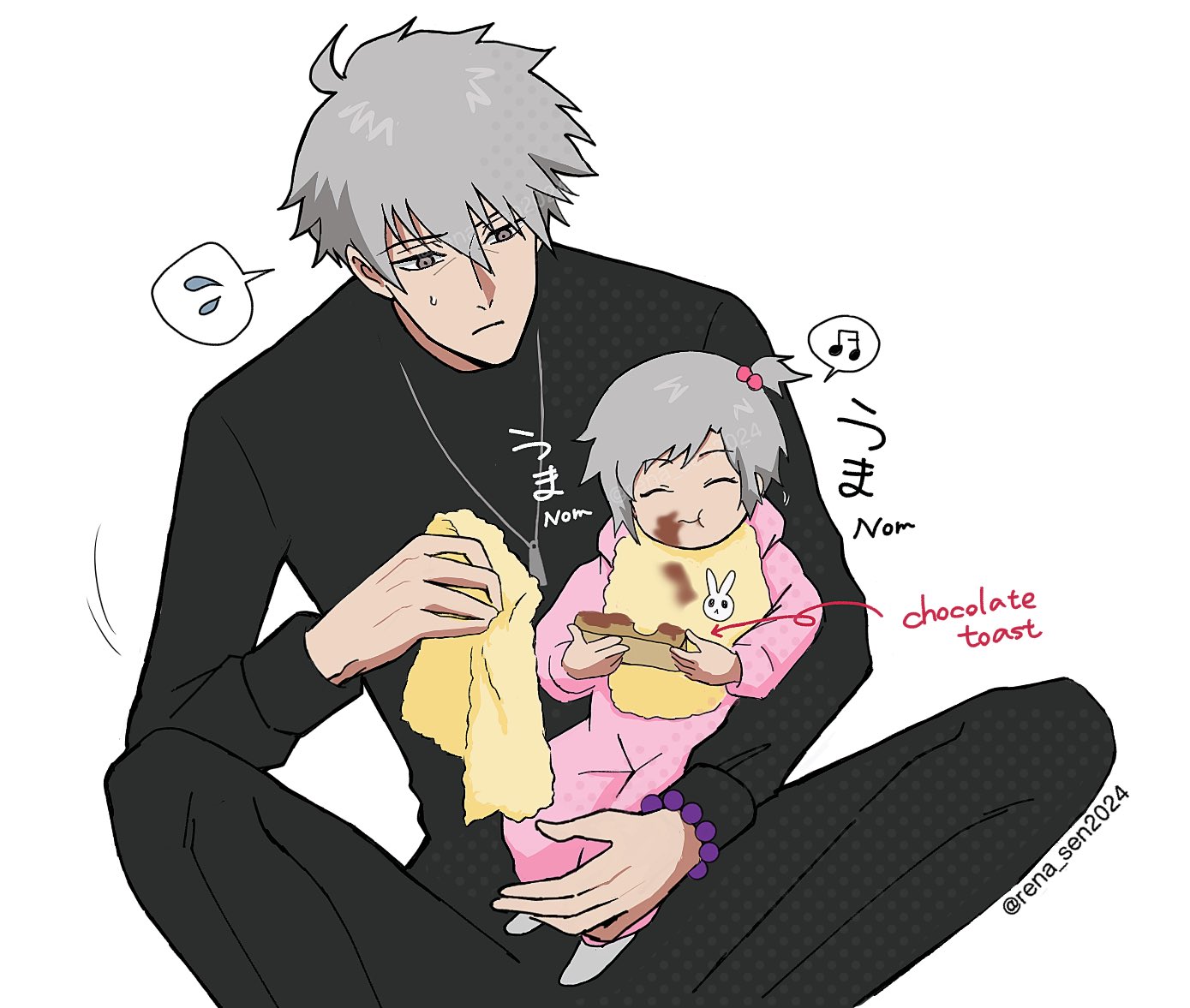 ghostblade (to be hero x), to be hero, to be hero x, translation request, 1boy, 1girl, :t, baby, bib, black shirt, carrying, carrying baby, carrying person, crossed ankles, eating, english text, feet out of frame, grey eyes, grey hair, holding rag, jewelry, necklace, on ground, one side up, parent and child, rena sen2024, rosary, shirt, short hair, smile, sound effects, spoken emoji, wang nuonuo