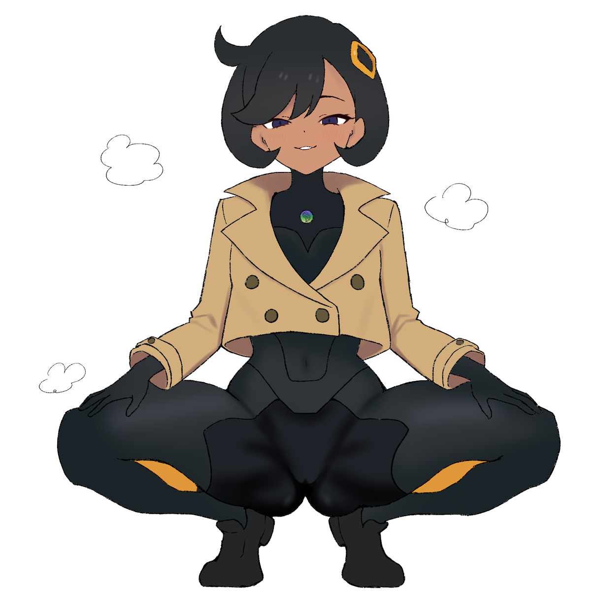 peace peace009, emma (pokemon), nintendo, pokemon, pokemon legends: z-a, highres, 1girl, black bodysuit, black hair, bodysuit, bodysuit under clothes, brown jacket, covered navel, cropped jacket, dark-skinned female, dark skin, full body, hair ornament, jacket, looking at viewer, naughty face, purple eyes, short hair, simple background, skin tight, smile, squatting
