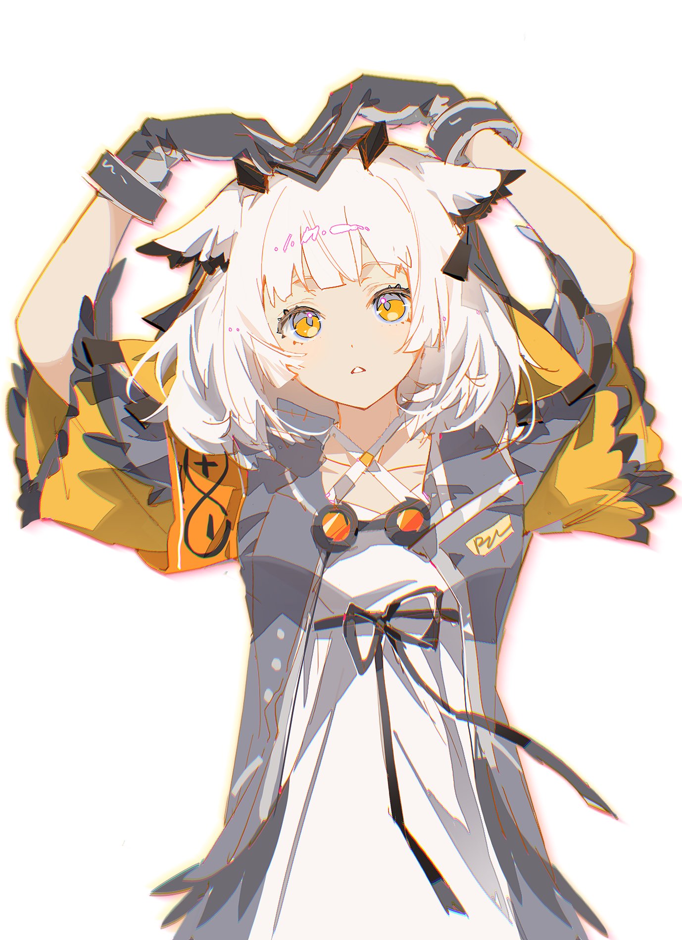 indai (3330425), ptilopsis (arknights), arknights, commentary, highres, symbol-only commentary, 1girl, armband, arms up, bird girl, black ribbon, collarbone, dot nose, dress, feather hair, gloves, goggles, goggles around neck, grey gloves, grey jacket, halterneck, heart arms, jacket, looking at viewer, medium hair, open mouth, orange armband, orange eyes, outline, owl ears, owl girl, rhine lab logo, ribbon, simple background, solo, teeth, white background, white dress, white hair