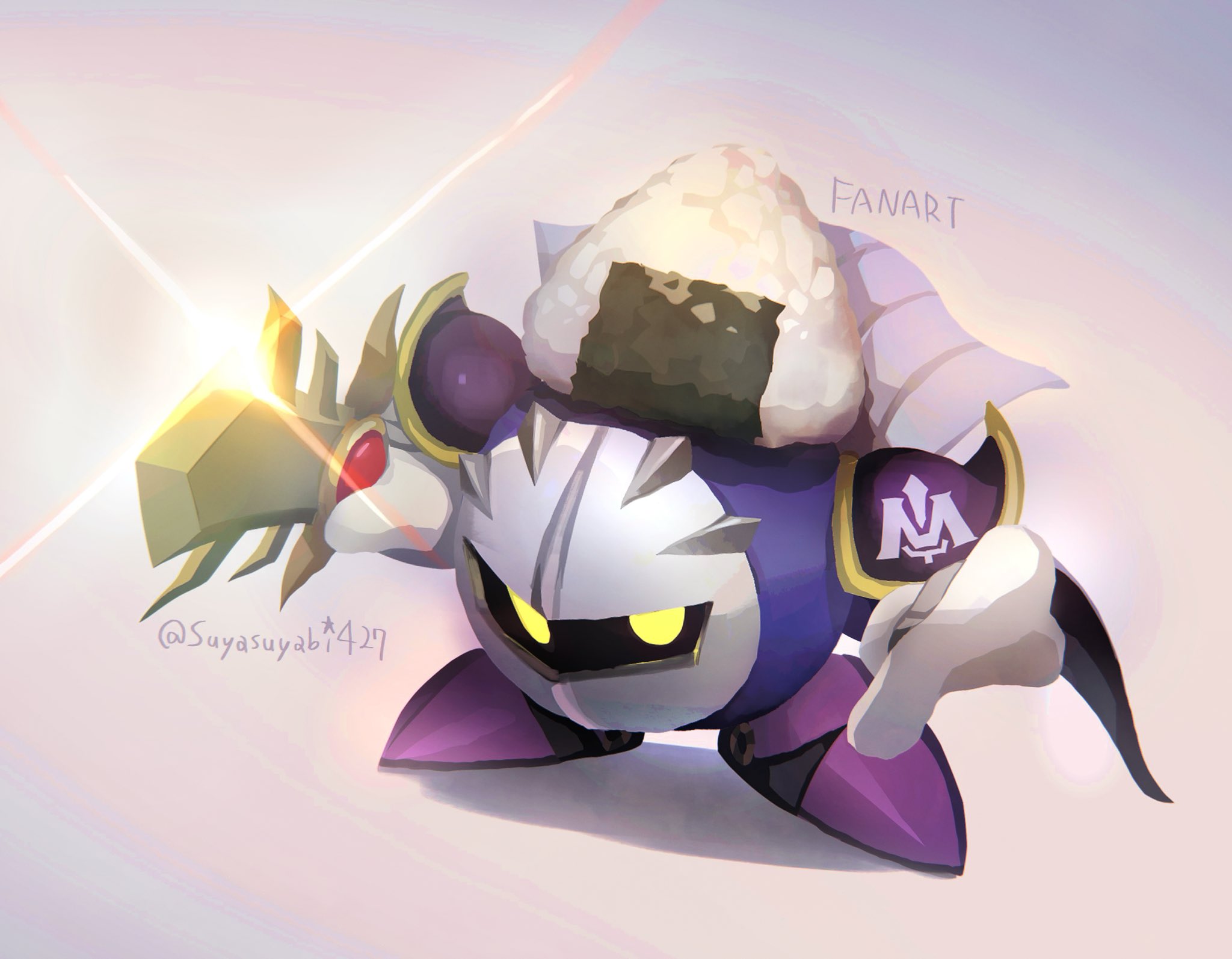 suyasuyabi, meta knight, kirby (series), nintendo, commentary request, highres, food, full body, galaxia (sword), holding, holding sword, holding weapon, mask, no humans, onigiri, purple shoes, shoes, solo, standing, sword, twitter username, weapon, yellow eyes