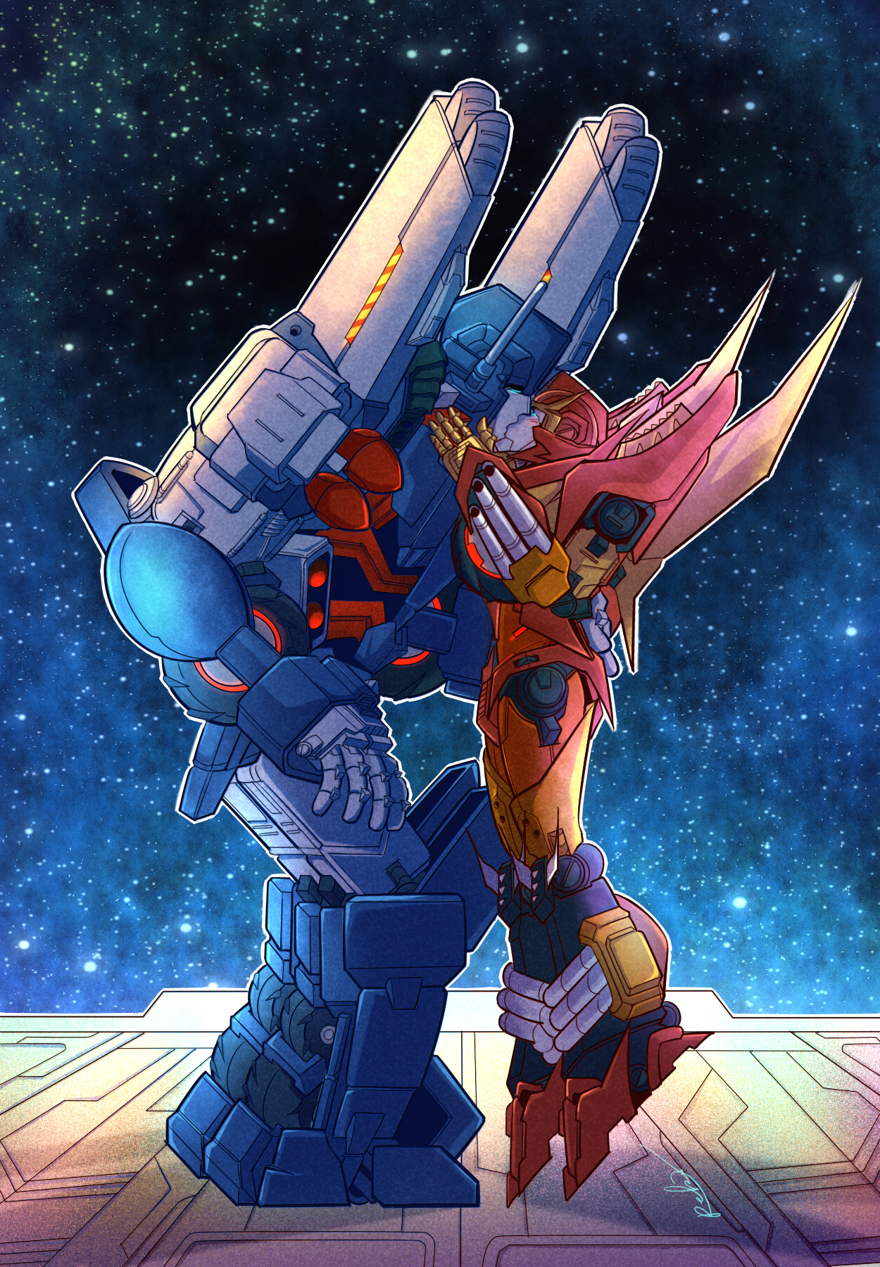 ultra magnus, the transformers (idw), transformers, character request, highres, mixed-language commentary, 2boys, blue eyes, blush, kiss, multiple boys, outdoors, profile, reko (owiyalight), space, tiptoes, yaoi