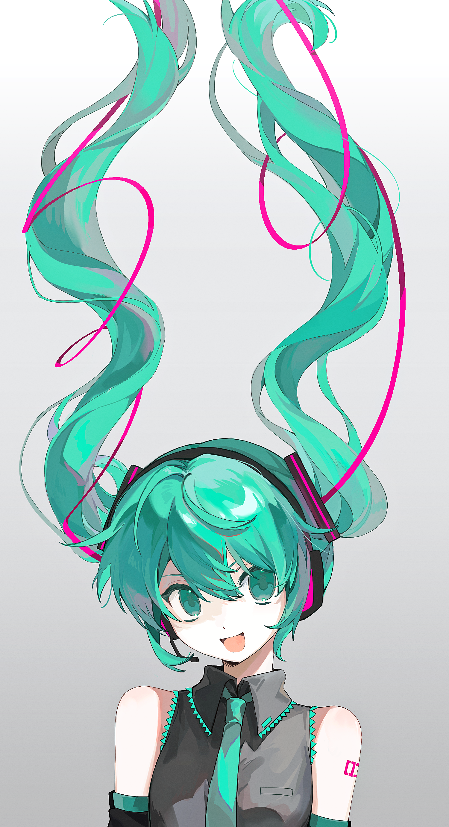 feiwusheng, hatsune miku, vocaloid, absurdres, commentary, highres, 1girl, aqua eyes, aqua hair, aqua necktie, aqua trim, bare shoulders, black sleeves, collared shirt, detached sleeves, double-parted bangs, floating hair, frilled shirt, frills, gradient background, grey background, grey shirt, hair between eyes, hair floating upwards, hair ornament, headset, long hair, miku day, necktie, number tattoo, open mouth, pale skin, shirt, shoulder tattoo, sidelocks, sleeveless, sleeveless shirt, smile, solo, tattoo, twintails, upper body