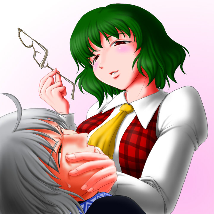yoshio (yoshiwo0221), kazami yuuka, morichika rinnosuke, touhou, 1boy, 1girl, blush, breasts, glasses, gradient background, green hair, red eyes, upper body, white background