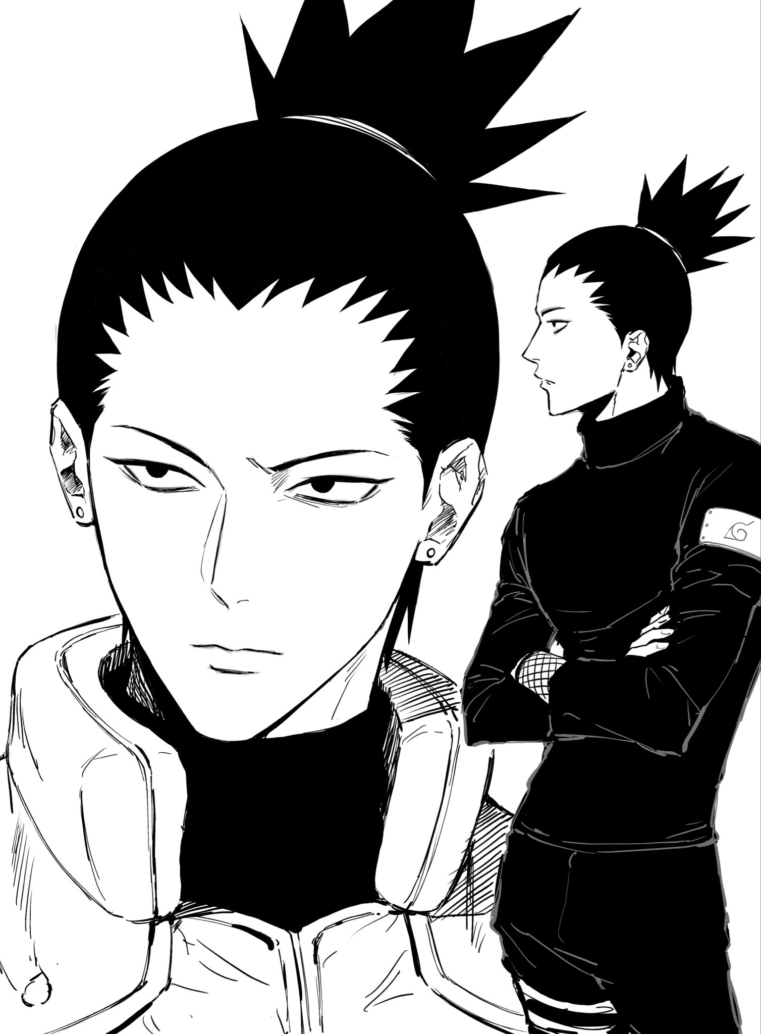 sso s, nara shikamaru, naruto (series), highres, 1boy, closed mouth, crossed arms, earrings, fishnet sleeves, fishnets, flak jacket, hair tie, high collar, jacket, jewelry, konohagakure symbol, looking to the side, male focus, multiple views, simple background, white background