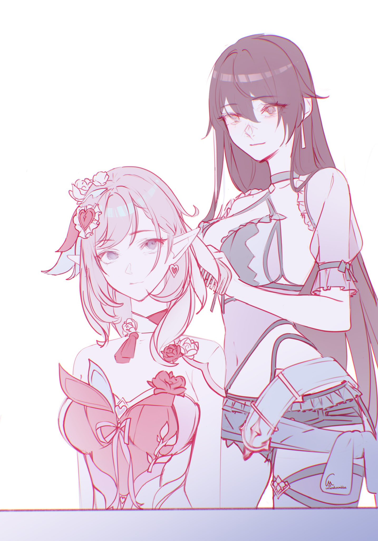 catandcrumbles, eden (flowing rhyme) (honkai impact), eden (honkai impact), elysia (hi love elf) (honkai impact), elysia (honkai impact), honkai (series), honkai impact 3rd, commentary, english commentary, highres, 2girls, bikini, black bikini, black shorts, breasts, brown hair, brushing hair, cleavage, dress, earrings, elf, hair brush, heart, heart earrings, holding, holding hair brush, jewelry, large breasts, midriff, multicolored hair, multiple girls, navel, official alternate costume, pink hair, pointy ears, red dress, short hair, short shorts, shorts, sitting, smile, standing, swimsuit, two-tone hair, white dress, white hair