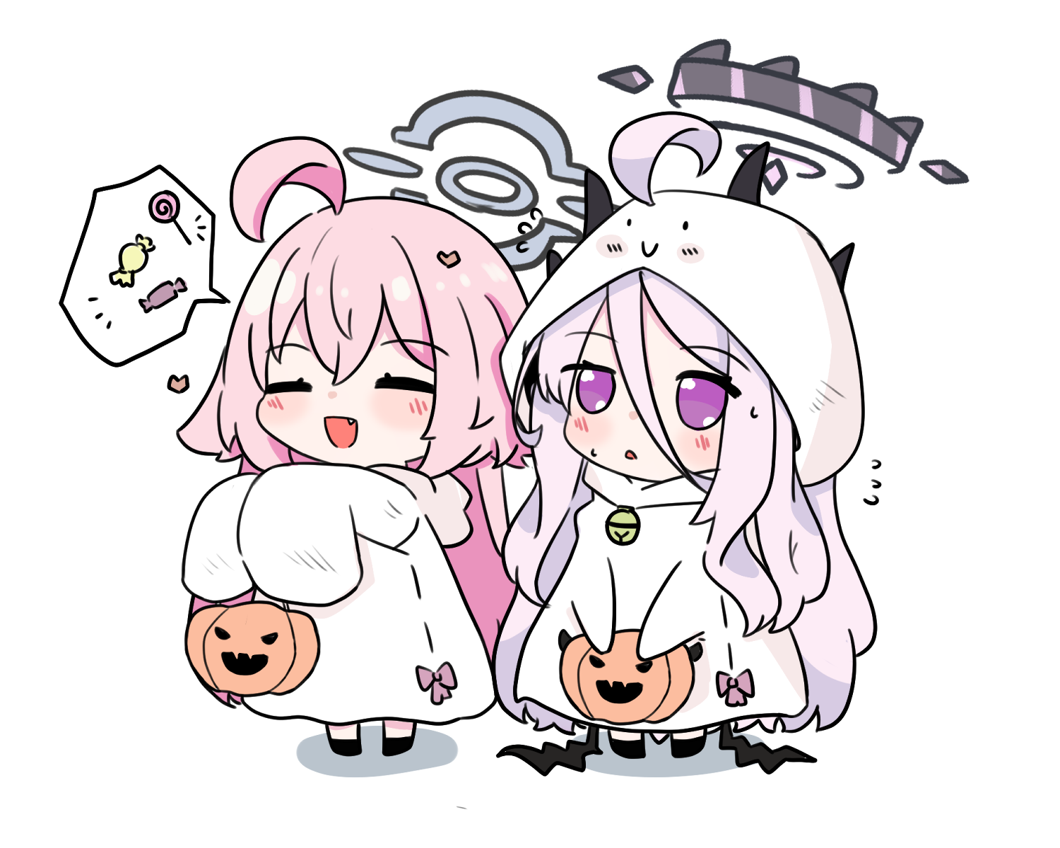 e v e neko, hina (blue archive), hoshino (blue archive), blue archive, commentary, highres, symbol-only commentary, 2girls, ahoge, bell, chibi, chibi only, closed eyes, demon horns, food, ghost costume, grey halo, hair between eyes, halloween, halloween costume, halo, horns, long hair, multiple girls, open mouth, pink hair, purple eyes, purple halo, simple background, speech bubble, spoken object, white background