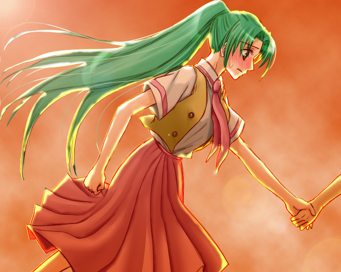 hishou kotatsu, sonozaki mion, higurashi no naku koro ni, 00s, blush, dress, green eyes, green hair, holding hands, long hair, ponytail, school uniform, sweat, very long hair