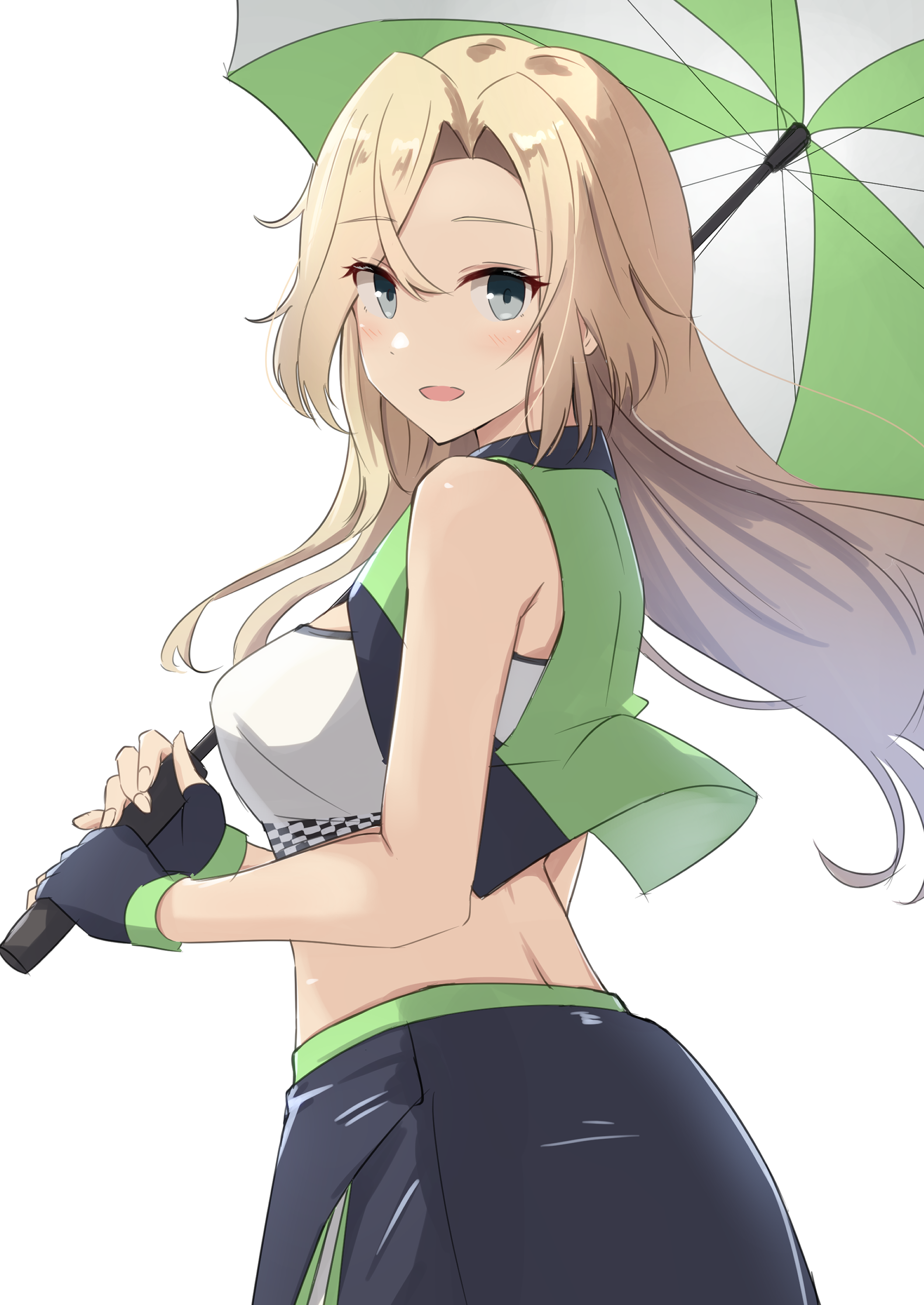 sukimizaki, hornet (kancolle), kantai collection, absurdres, commentary request, highres, 1girl, bandeau, black skirt, blonde hair, breasts, cropped jacket, fingerless gloves, gloves, green jacket, green skirt, grey eyes, holding, holding umbrella, jacket, large breasts, long hair, looking at viewer, looking to the side, multicolored skirt, open mouth, race queen, simple background, skirt, sleeveless, sleeveless jacket, smile, solo, strapless, tube top, two-tone gloves, two-tone skirt, umbrella, upper body, white background, white bandeau
