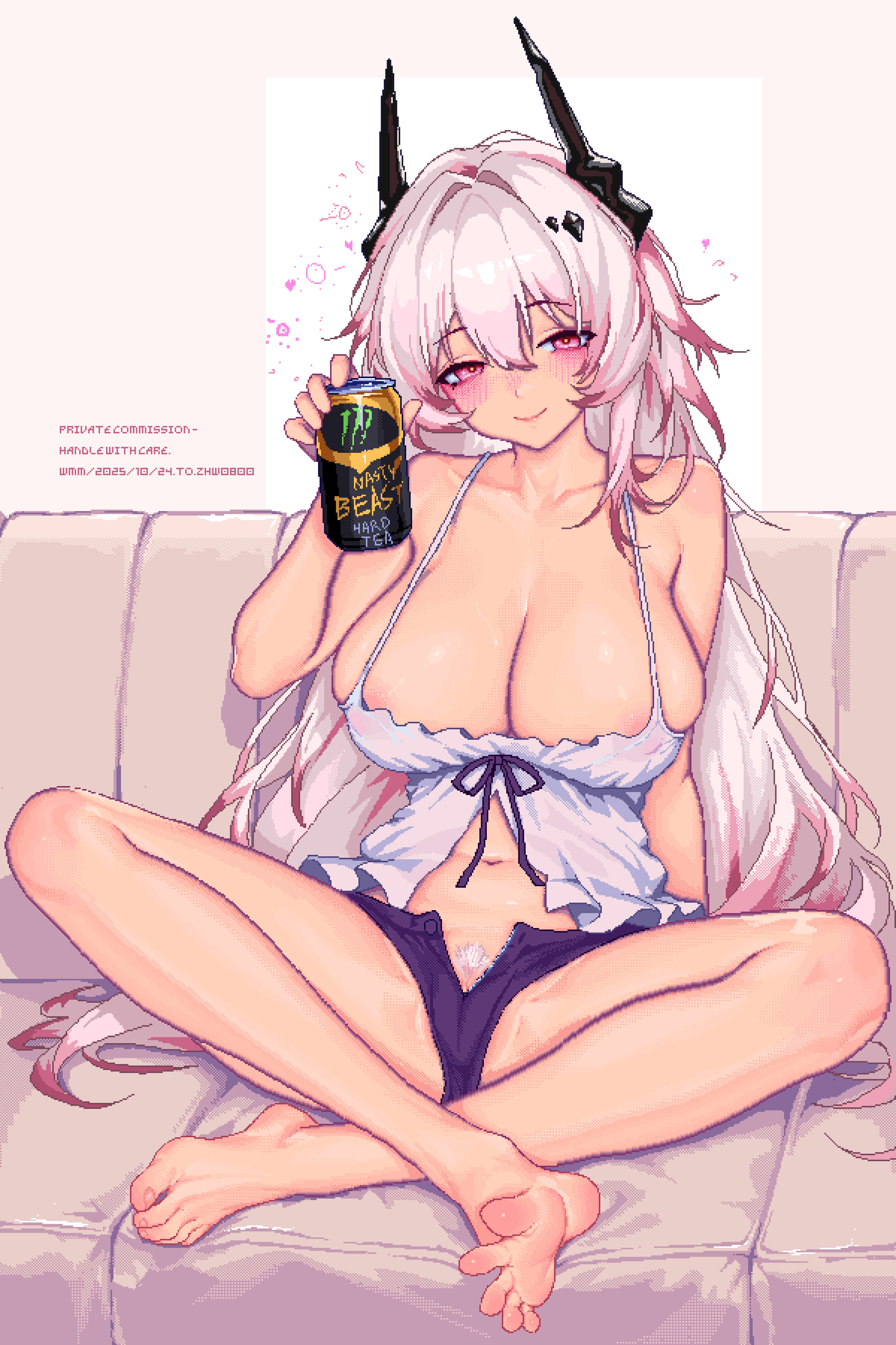 wmmzkl, theresa (arknights), arknights, absurdres, highres, 1girl, barefoot, blush, breasts, camisole, can, couch, feet, horns, large breasts, long hair, looking at viewer, open clothes, open shirt, pink eyes, pink hair, pubic hair, smile, soles, toes