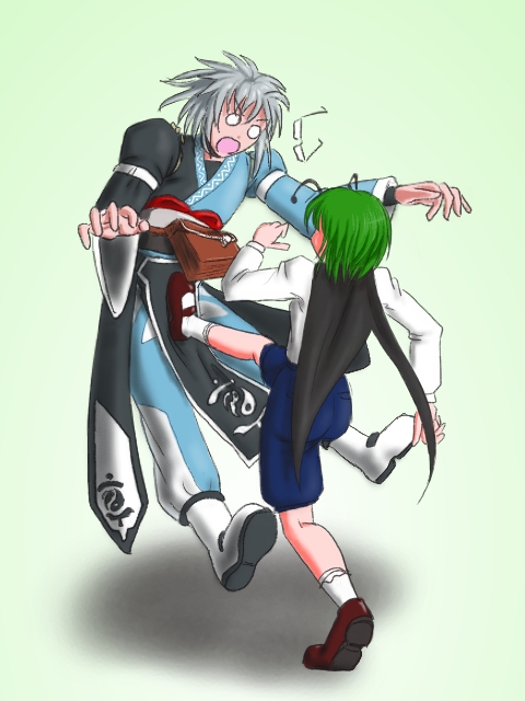 yoshio (yoshiwo0221), morichika rinnosuke, wriggle nightbug, touhou, white legwear, 1boy, 1girl, blouse, full body, gradient background, green background, kicking, shirt, socks, white shirt