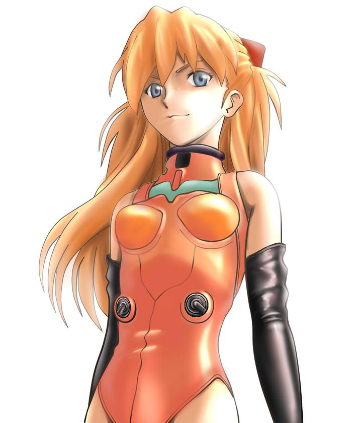shizu (artist), tyamag, souryuu asuka langley, evangelion: 2.0 you can (not) advance, neon genesis evangelion, rebuild of evangelion, pilot suit, bad id, bad pixiv id, >:), 00s, 1girl, adapted costume, arms at sides, backlighting, bare shoulders, blue eyes, breasts, closed mouth, cowboy shot, elbow gloves, facing viewer, female focus, gloves, halterneck, headgear, leotard, long hair, looking at viewer, mecha pilot suit, orange hair, plugsuit (evangelion), red leotard, simple background, skinny, small breasts, smile, smirk, solo, standing, turtleneck, two side up, v-shaped eyebrows, white background