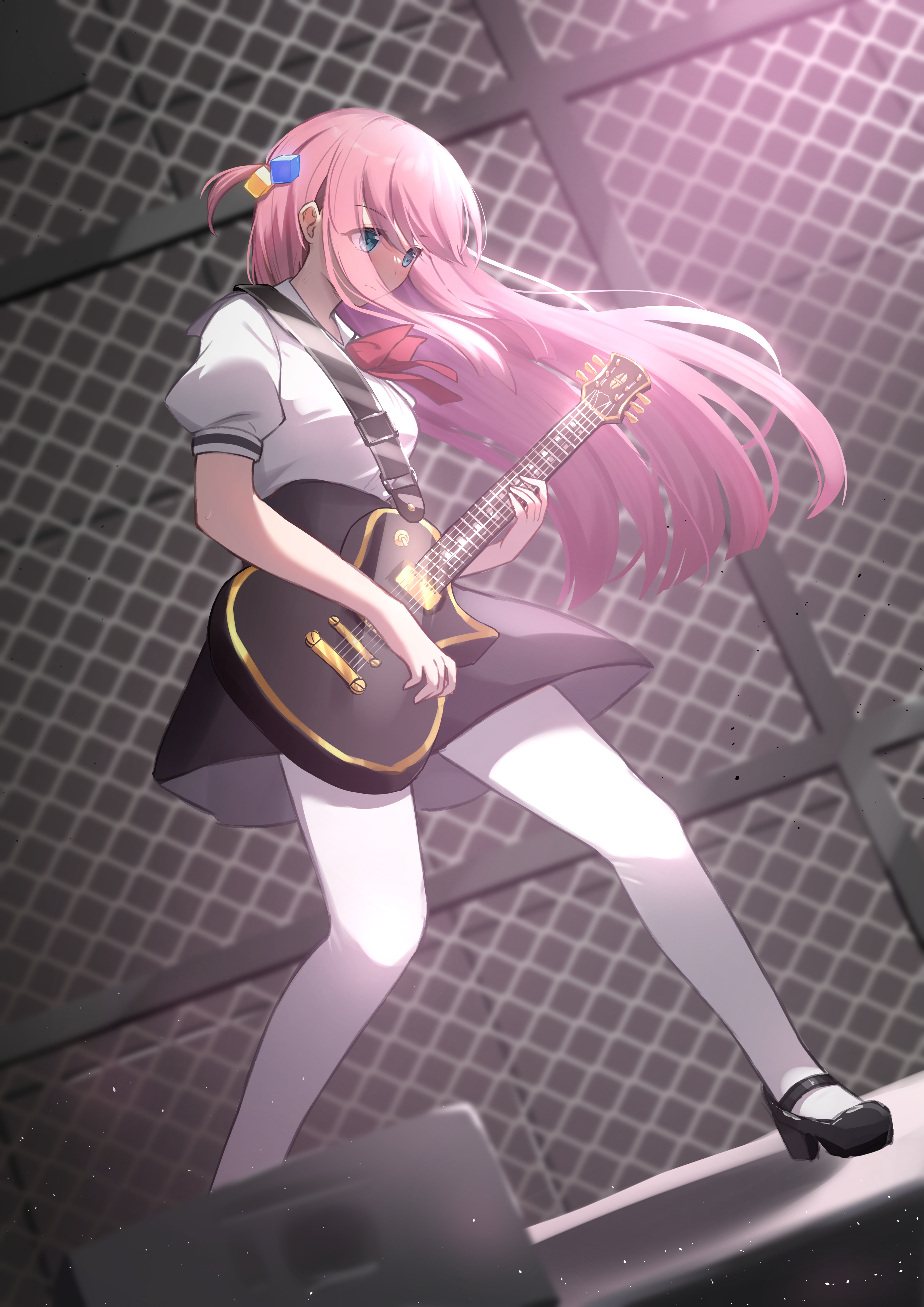 daoyan, gotoh hitori, bocchi the rock!, absurdres, commentary, highres, 1girl, alternate costume, black shoes, black skirt, blue eyes, bow, bowtie, closed mouth, cube hair ornament, dutch angle, eyes visible through hair, floating hair, full body, guitar, hair between eyes, hair ornament, high-waist skirt, holding, holding guitar, holding instrument, instrument, light particles, long hair, looking down, mary janes, music, one side up, pantyhose, pink hair, playing guitar, playing instrument, puffy short sleeves, puffy sleeves, red bow, red bowtie, serious, shirt, shoes, short sleeves, skirt, solo, stage, standing, straight hair, sweat, v-shaped eyebrows, very long hair, white pantyhose, white shirt