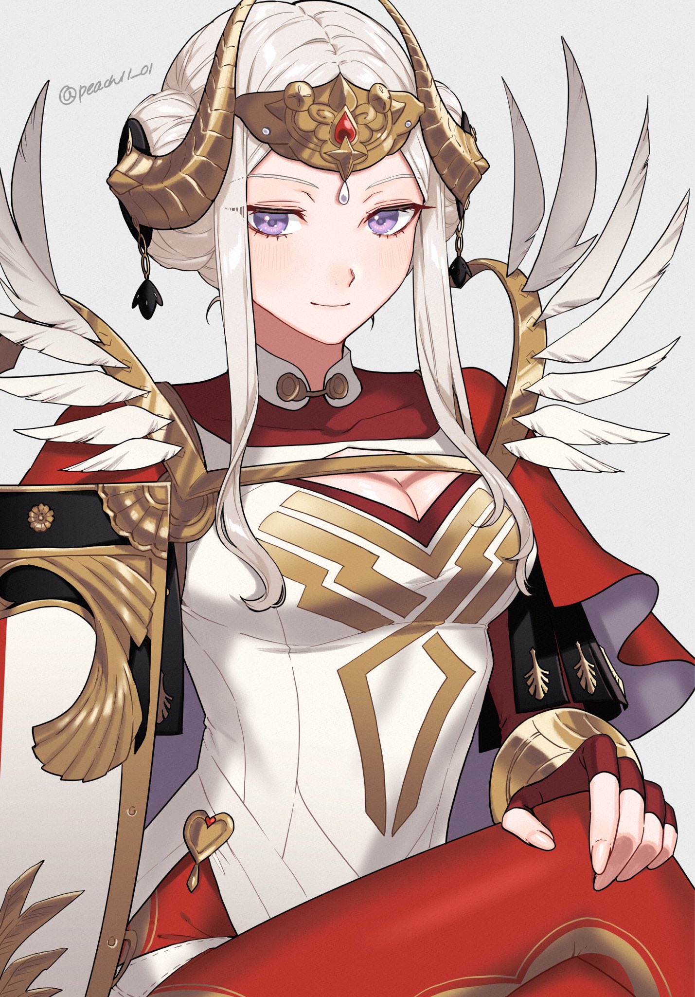 shamu (peach11 01), edelgard von hresvelg, edelgard von hresvelg (adrestian emperor), edelgard von hresvelg (adrestian emperor) (resplendent), edelgard von hresvelg (timeskip), fire emblem, fire emblem: three houses, fire emblem heroes, nintendo, highres, 1girl, blush, breasts, cape, cleavage, cleavage cutout, closed mouth, clothing cutout, crossed legs, dress, fake horns, feather trim, feathers, fingerless gloves, gloves, hair ornament, headpiece, horns, long hair, looking at viewer, medium breasts, official alternate costume, pantyhose, purple eyes, red cape, red gloves, red pantyhose, simple background, smile, solo, white background, white dress, white hair