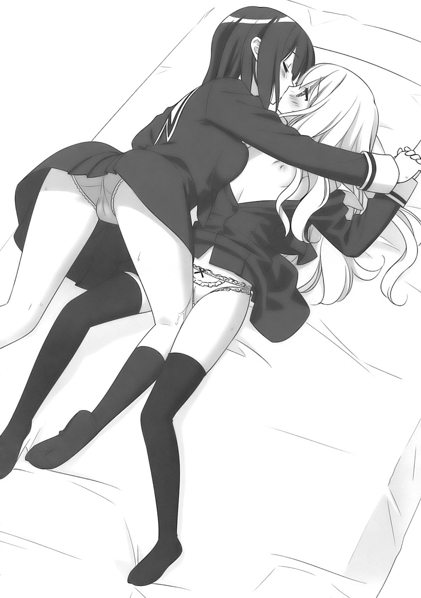 kani biimu, kawamura reo, sawaguchi mai, sono hanabira ni kuchizuke wo, highres, 2girls, bow, bow panties, female focus, frottage, greyscale, interlocked fingers, kiss, kneehighs, leg between thighs, long hair, lying, monochrome, multiple girls, no bra, open clothes, open shirt, panties, pussy juice, socks, thighhighs, underwear, yuri