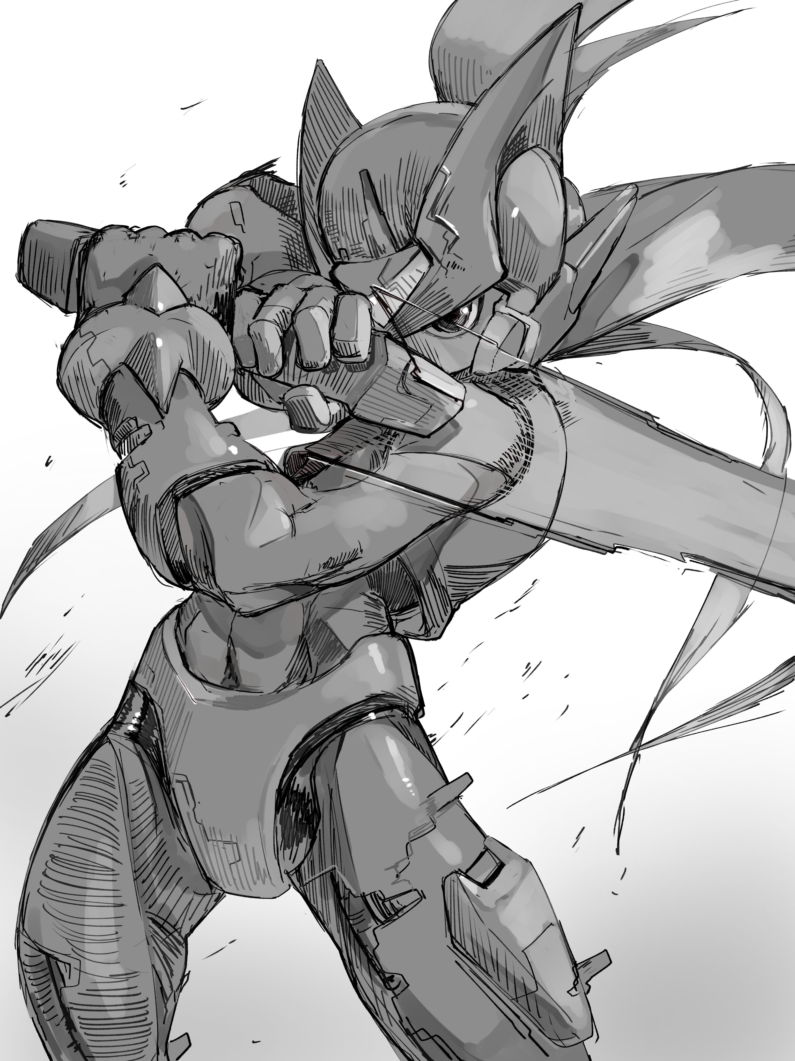 omochi (mochi skymega), zero(z) (mega man), zero (mega man), mega man (series), mega man zero (series), absurdres, highres, 1boy, armor, cowboy shot, energy sword, forehead jewel, greyscale, helmet, holding, holding sword, holding weapon, long hair, male focus, monochrome, simple background, solo, sword, weapon, white background, z saber