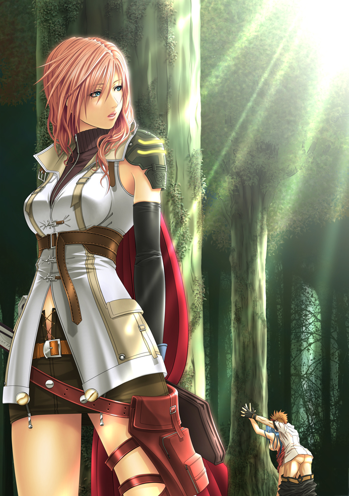 hiwainaru, raito, lightning farron, final fantasy, final fantasy xiii, 10s, 1boy, 2girls, aqua hair, ass, blush, breasts, clothed sex, elbow gloves, forest, gloves, large breasts, long hair, multiple girls, nature, orange hair, outdoors, pink hair, sex, skirt, sword, vaginal, voyeurism, weapon