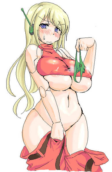 lute (shino), curly brace, doukutsu monogatari, 1girl, areola slip, blonde hair, blue eyes, blush, breasts, clothes pull, doll joints, female focus, green panties, holding, holding panties, holding underwear, holding unworn clothes, huge breasts, joints, long hair, panties, pants, pants pull, robot, robot ears, robot joints, solo, underboob, underwear, wavy mouth, wide hips