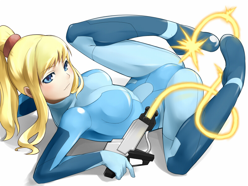 samus aran, metroid, artist request, 1girl, ass, blonde hair, blue eyes, bodysuit, breasts, ponytail, skin tight, smirk, spread legs, whip, zero suit