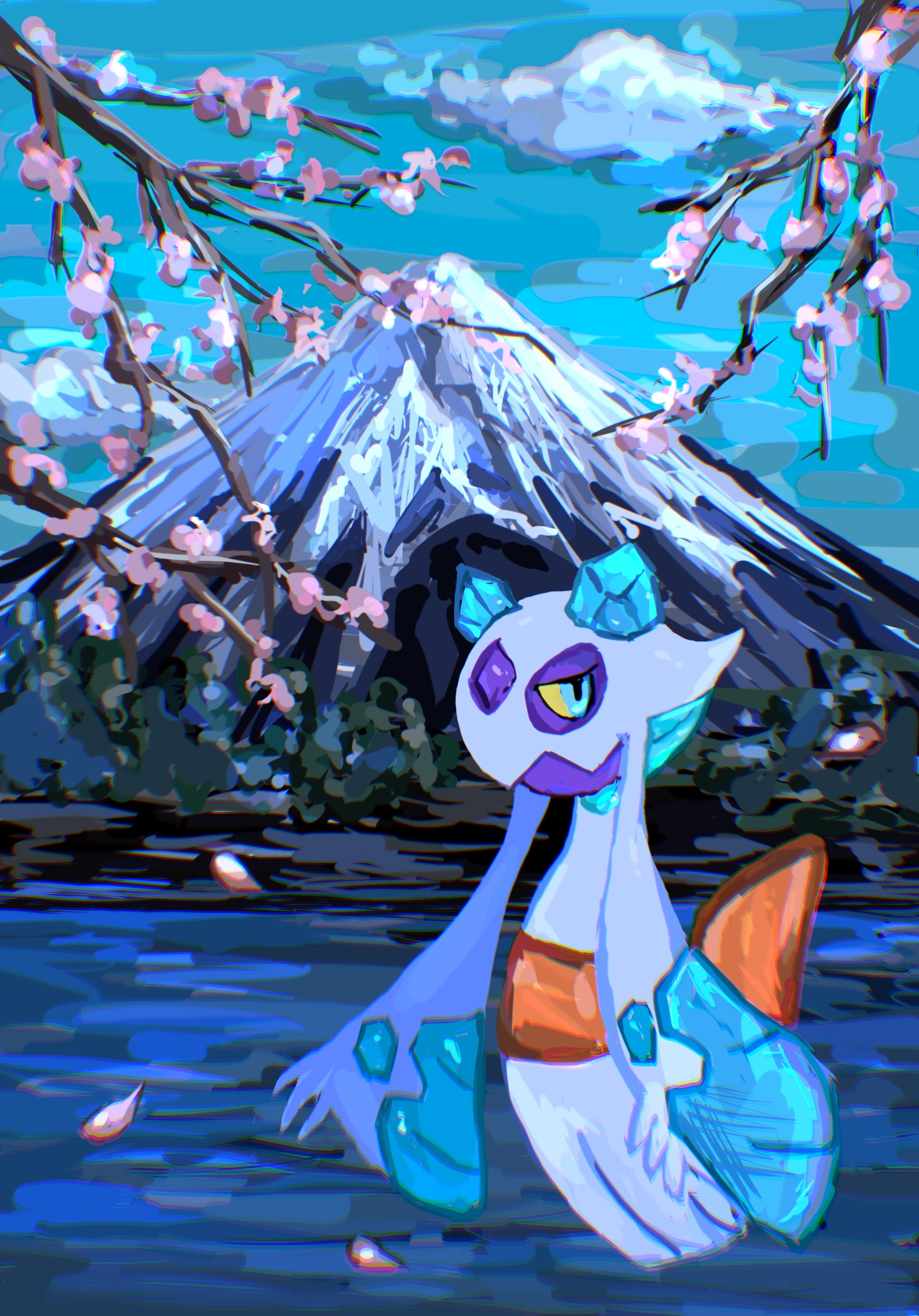 mariin (mrn 8 8), froslass, nintendo, pokemon, highres, blue eyes, cherry blossoms, closed mouth, cloud, colored sclera, full body, gen 4 pokemon, ghost, looking at viewer, mountain, no humans, outdoors, pokemon (creature), pokemon focus, sky, tree, yellow sclera
