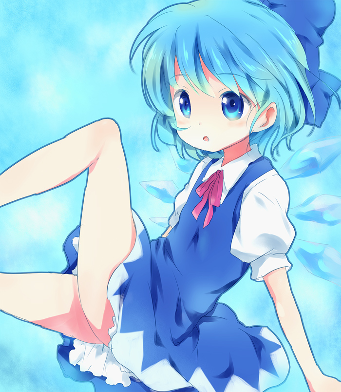 maruki (punchiki), cirno, embodiment of scarlet devil, touhou, bad id, bad pixiv id, 1girl, aqua hair, arm support, blue dress, blue eyes, blue hair, blue skirt, bow, child, dress, female focus, gradient hair, hair bow, hair ribbon, legs, matching hair/eyes, multicolored hair, neck ribbon, open mouth, petticoat, ribbon, short hair, sitting, skirt, solo, wings