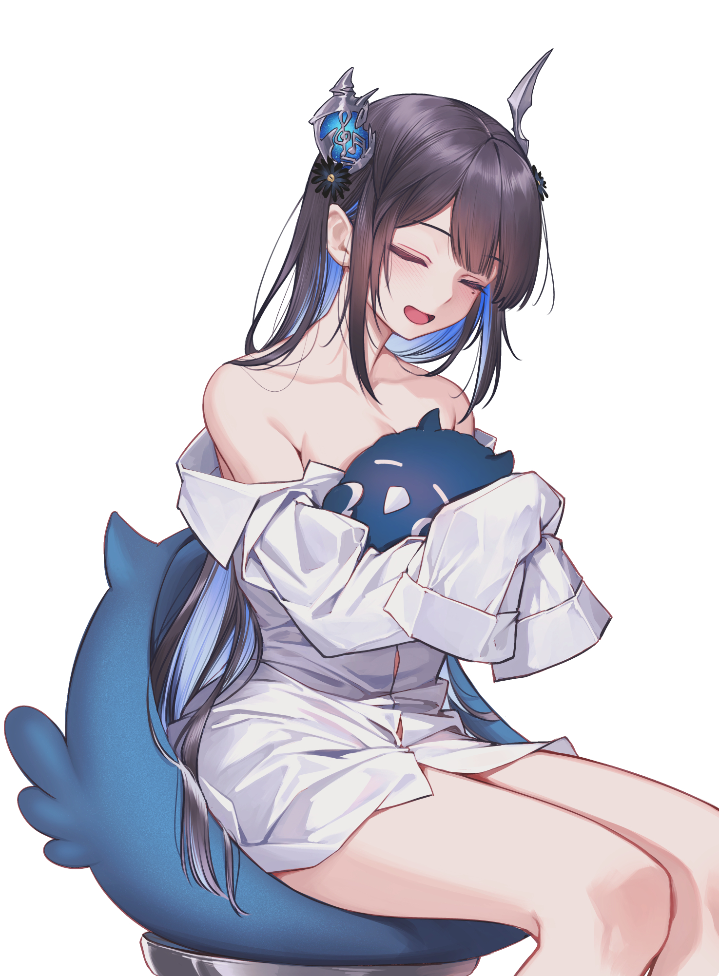 curry bowl, jailbird (nerissa ravencroft), nerissa ravencroft, hololive, hololive english, highres, 1girl, bare shoulders, black hair, blue hair, breasts, cleavage, closed eyes, cowboy shot, large breasts, mole, mole under eye, multicolored hair, off shoulder, shirt, simple background, sitting, sleeves past wrists, solo, two-tone hair, virtual youtuber, white background, white shirt