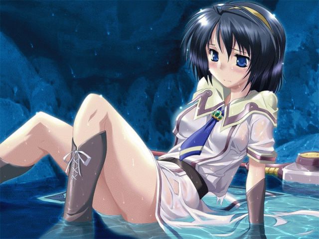 komatsu eiji, panavia tornado (aoi umi no tristia), aoi umi no tristia, looking away, game cg, 00s, 1girl, ahoge, belt, black hair, blue eyes, blush, boots, capelet, dress, elbow gloves, embarrassed, female focus, gloves, hair between eyes, hairband, knee boots, legs, necktie, no bra, profile, reclining, see-through clothes, short dress, short hair, sitting, solo, submerged, water, wet, wet clothes