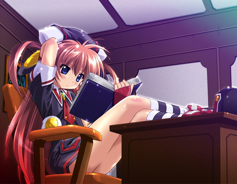 komatsu eiji, amaneka machbuster, akatsuki no amaneka to aoi kyojin, game cg, 1girl, arm up, blue eyes, blush, book, chair, child, desk, female focus, fingerless gloves, flat chest, gloves, hat, indoors, kneehighs, legs, legs up, long hair, necktie, open book, pink hair, reading, red hair, sitting, socks, solo, striped clothes, striped socks, twintails, very long hair