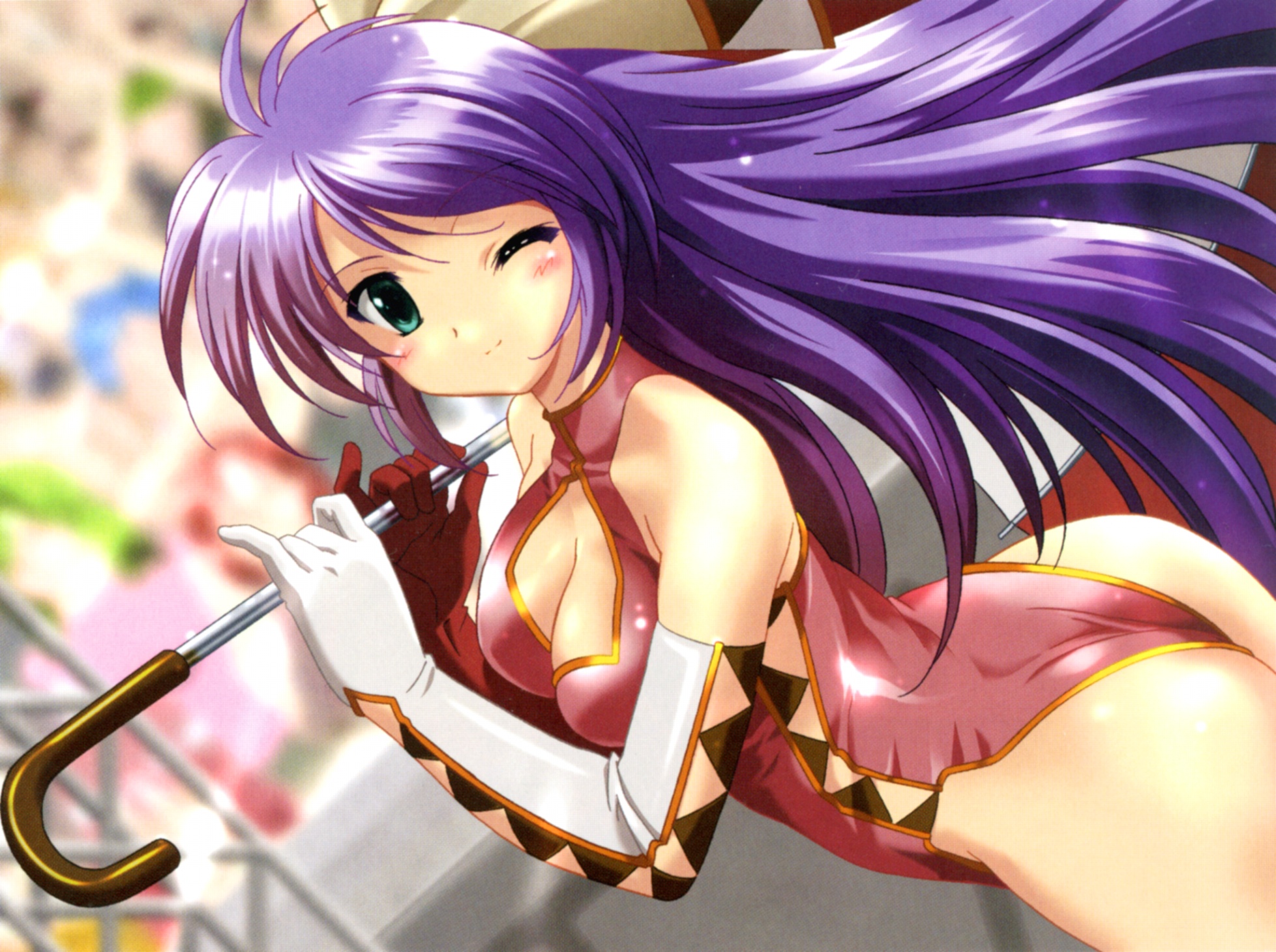 komatsu eiji, fawly, fawly (aoi umi no tristia), aoi sora no neosphere, highres, 1girl, aqua eyes, ass, breasts, cleavage, cleavage cutout, clothing cutout, elbow gloves, female focus, gloves, green eyes, large breasts, one eye closed, purple hair, race queen, solo, wink