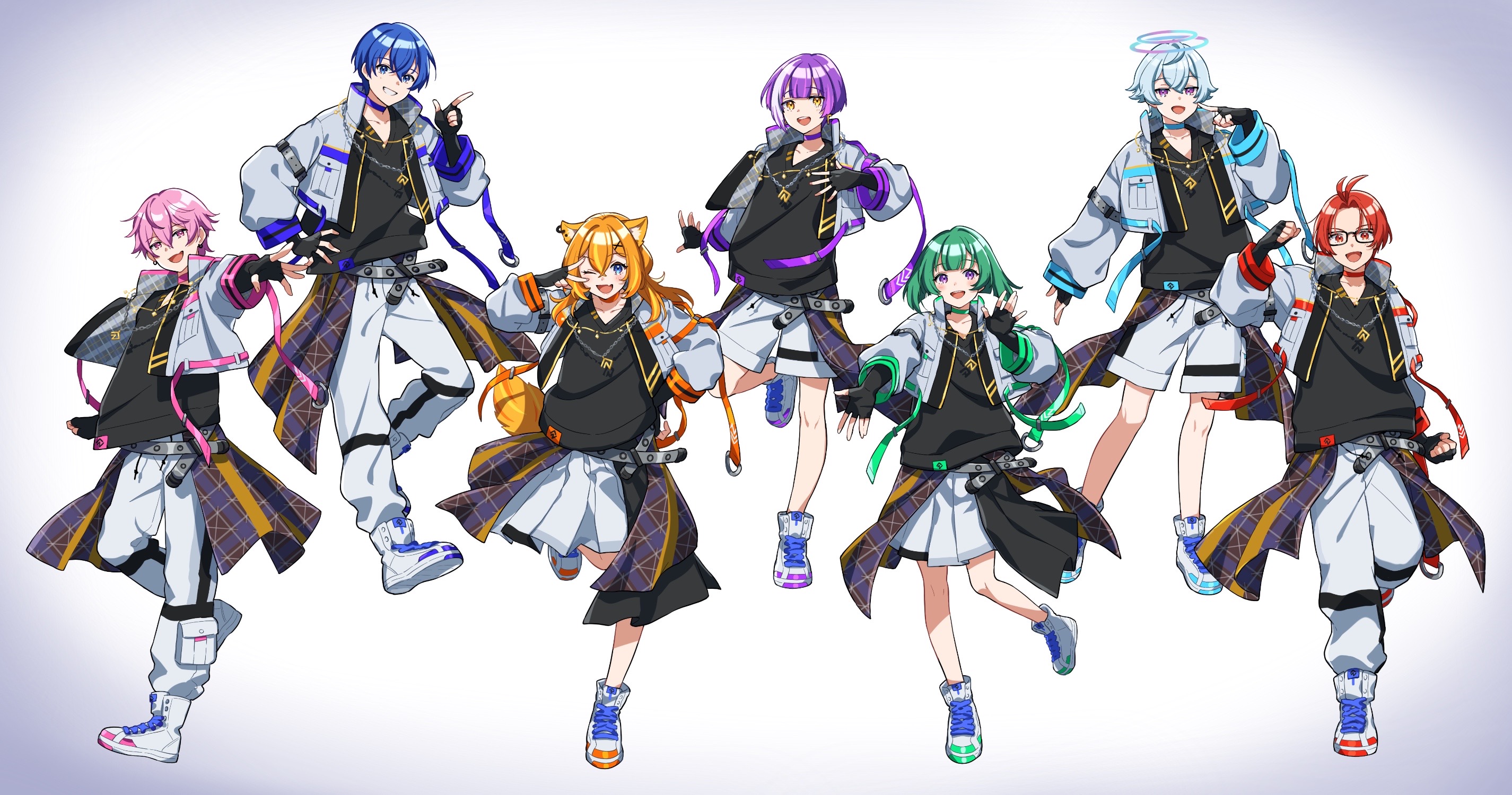 shinishi chiho, character request, commentary request, copyright request, highres, 2girls, 5boys, :d, ;d, animal ear piercing, animal ears, aqua choker, aqua hair, aqua shoes, belt, black gloves, black shirt, blue choker, blue eyes, blue hair, blue shoes, cat ears, cat girl, chain, chain necklace, choker, clenched hands, collarbone, double-parted bangs, earrings, fingerless gloves, full body, glasses, gloves, green choker, green hair, green shoes, grey belt, grey jacket, grin, hair between eyes, hair ornament, hand on own hip, hand up, jacket, jewelry, long hair, long sleeves, looking at viewer, multicolored hair, multicolored shoes, multiple boys, multiple girls, necklace, one eye closed, open clothes, open jacket, open mouth, orange hair, orange shoes, outstretched arm, pants, pink choker, pink eyes, pink hair, pink shoes, pleated skirt, purple choker, purple eyes, purple hair, purple shoes, red choker, red eyes, red hair, red shoes, shirt, shoes, short hair, shorts, simple background, skirt, smile, sneakers, standing, standing on one leg, two-tone hair, two-tone shoes, v, white background, white hair, white pants, white shoes, white shorts, white skirt, x hair ornament, yellow eyes