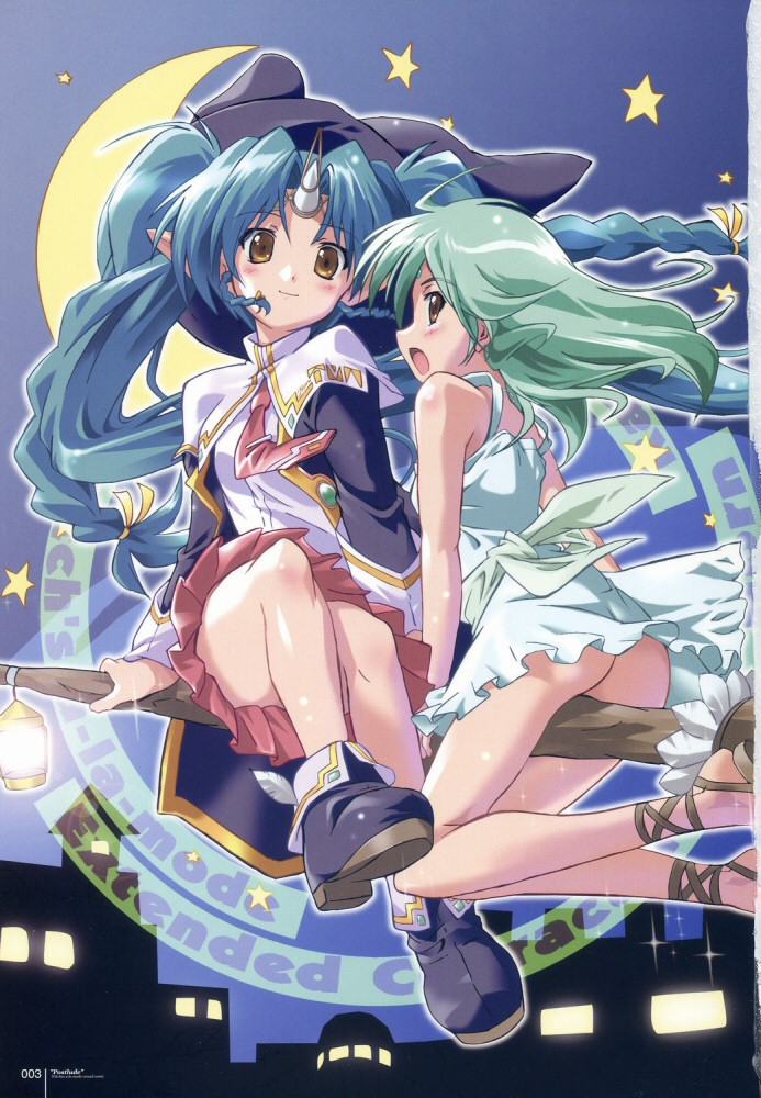 komatsu eiji, horn (majokko), majokko a la mode, 2girls, blue hair, blush, broom, broom riding, brown eyes, dress, embarrassed, flying, green hair, horns, long hair, miniskirt, multiple girls, necktie, no panties, short dress, sidesaddle, single horn, sitting, skirt, smile, twintails, very long hair, yellow eyes